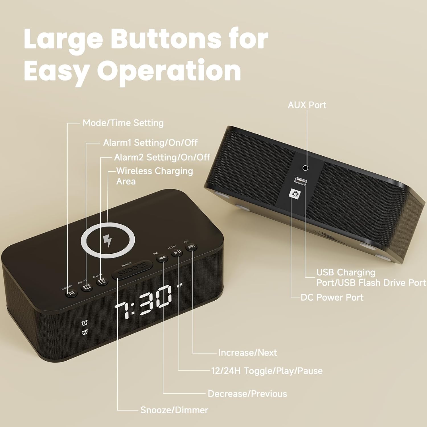Digital Alarm Clock with White Noise and Bluetooth
