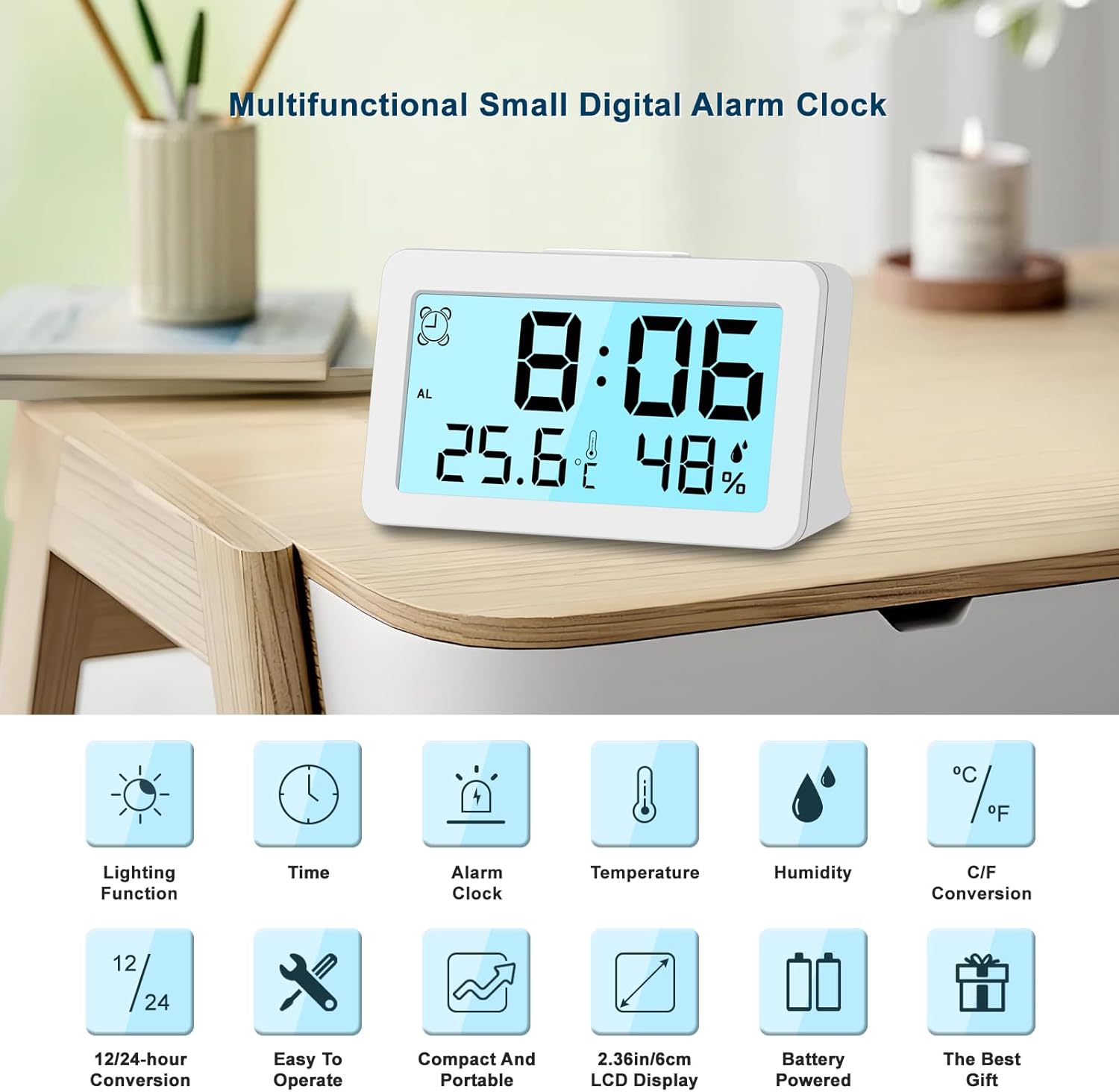 27 Inch Ultra Mini Travel Alarm Clock with Temperature Humidity Display