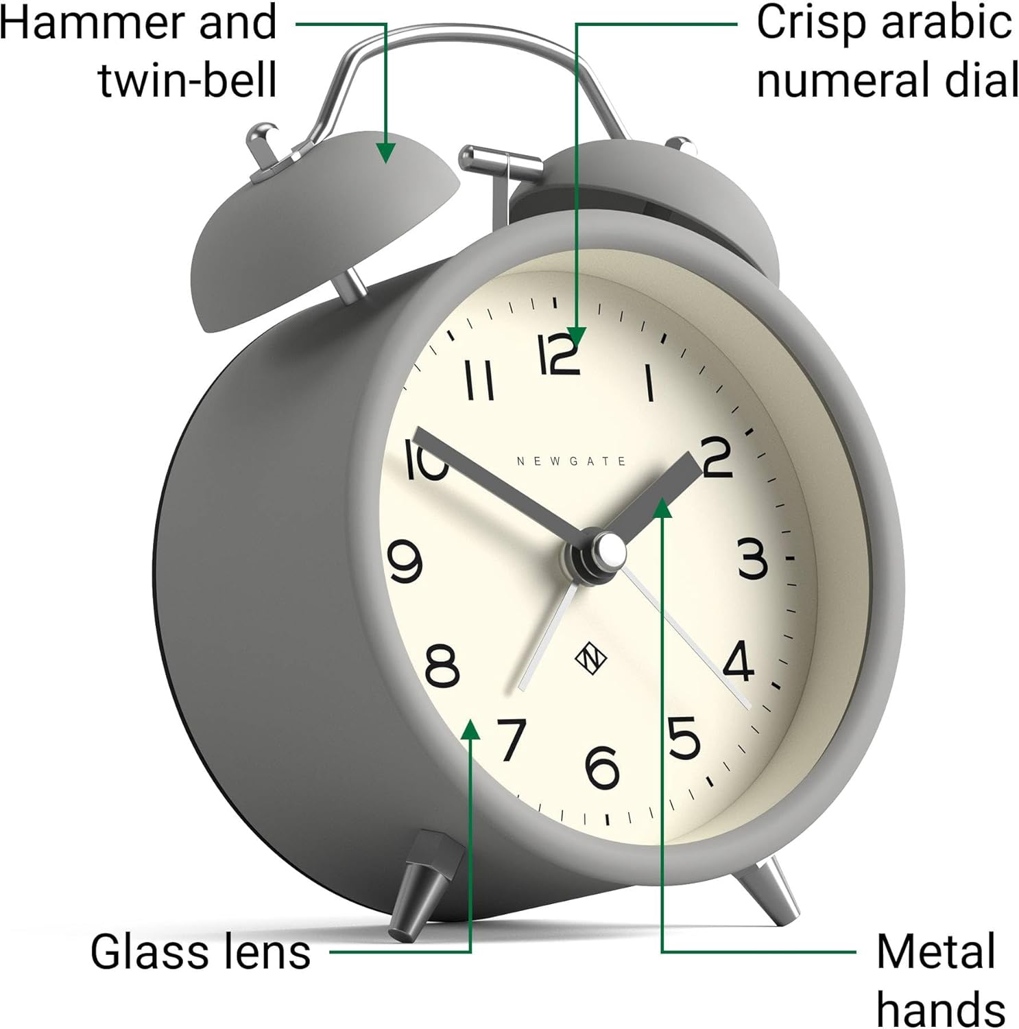 NEWGATE Charlie Bell Echo Alarm Clock Modern Retro Design Grey