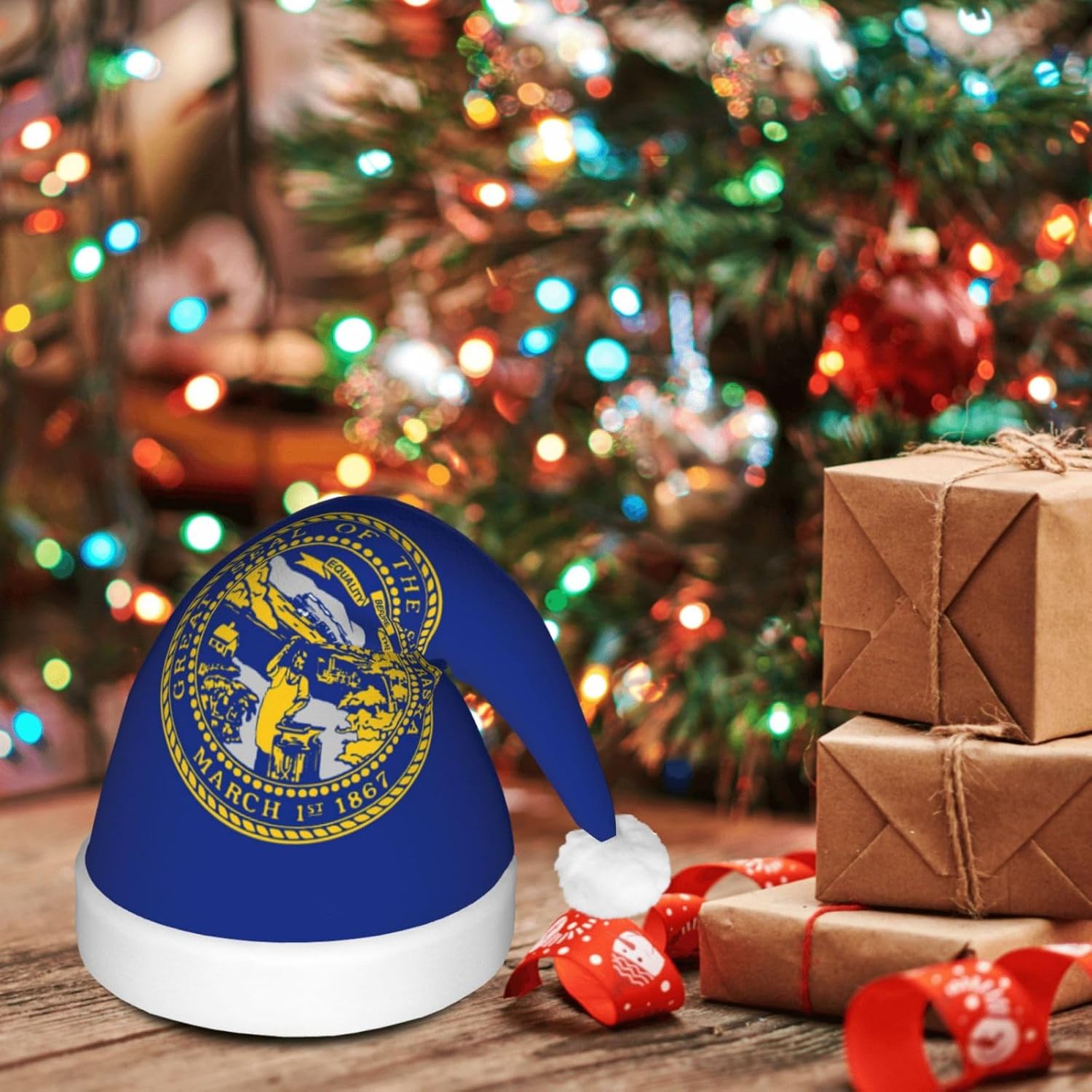 Nebraska Flag Print Christmas Hat with LED Light