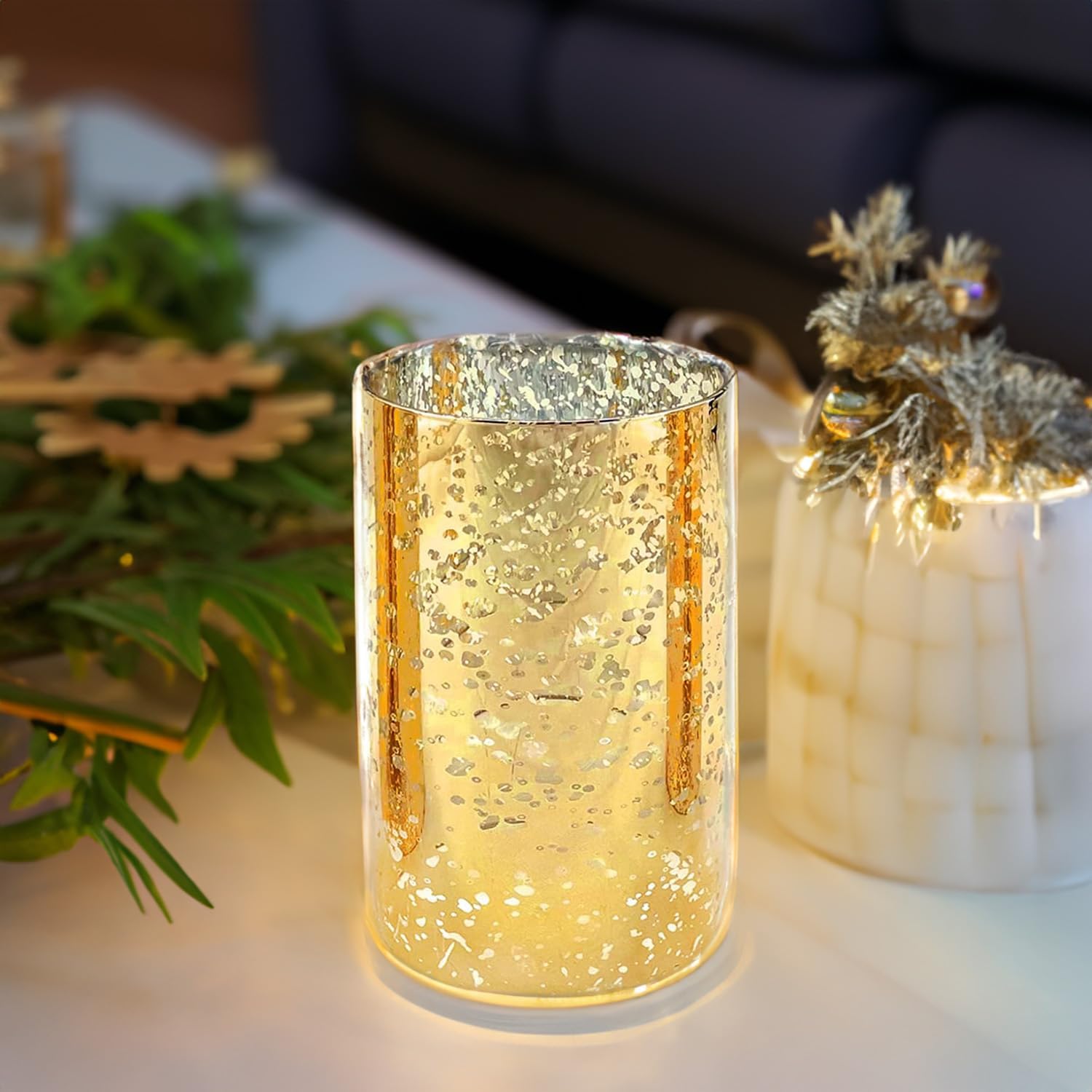 WGVI Hurricane Candle Holder Sleeve Gold Speckled Glass 4 x 6