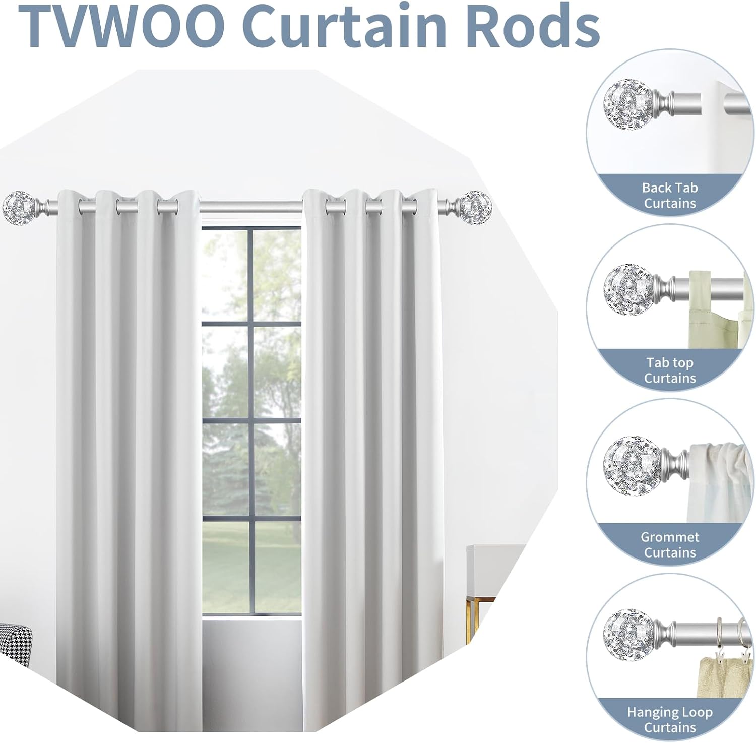 Silver Crystal Curtain Rods 18-60 Inch Adjustable