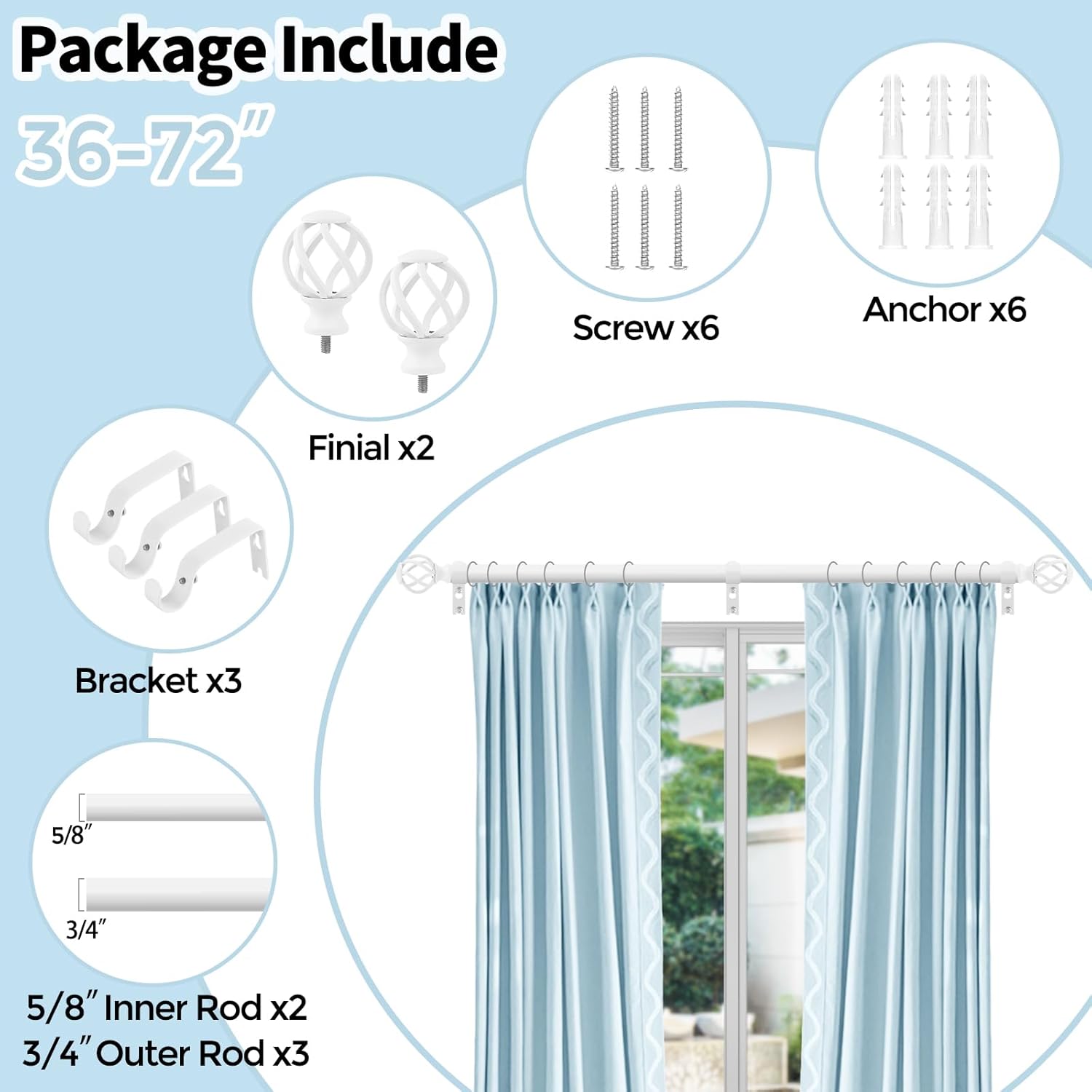 VOIIY 36-72 Inch White Curtain Rod Set with Twisted Finials