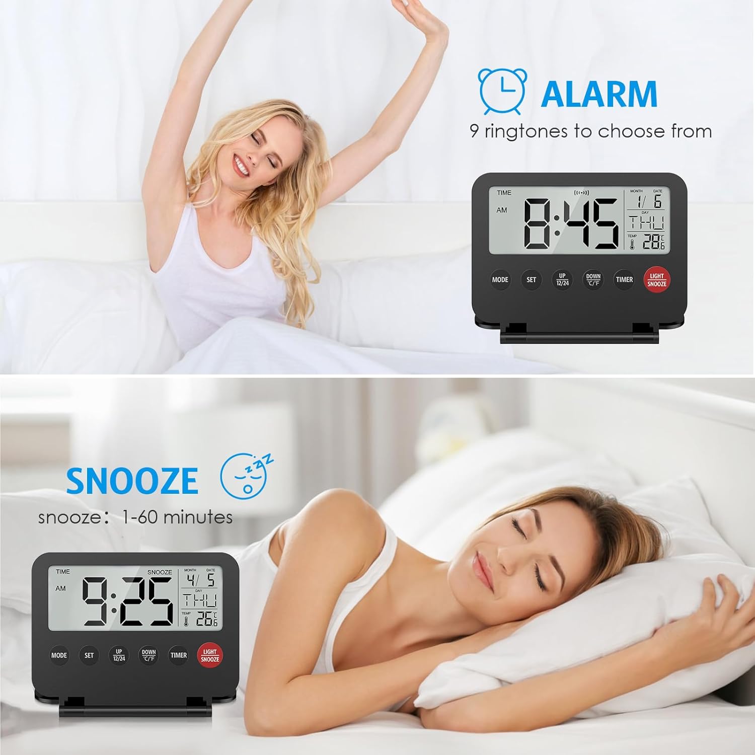 Olipiter Small Foldable Digital Travel Alarm Clock with Calendar and Temperature
