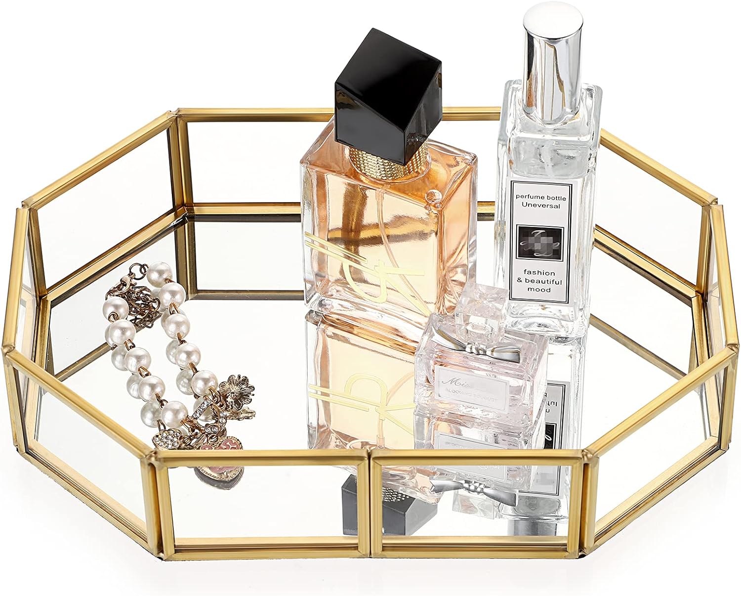Hipiwe Mirror Glass Vanity Tray - Gold Ornate Decorative Tray