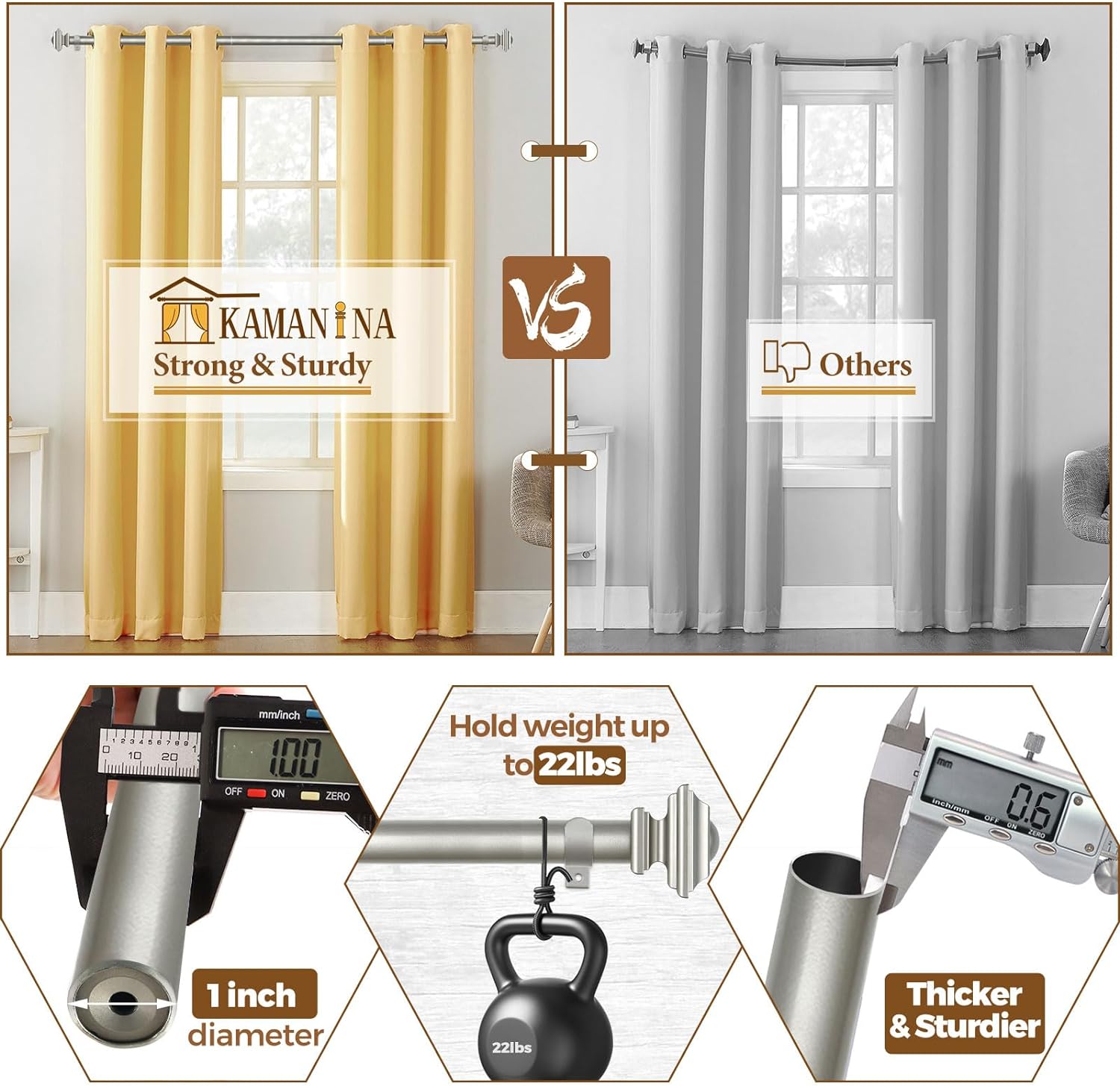 KAMANINA 1 Inch Curtain Rods Adjustable 32-58 Inches Antique Silver