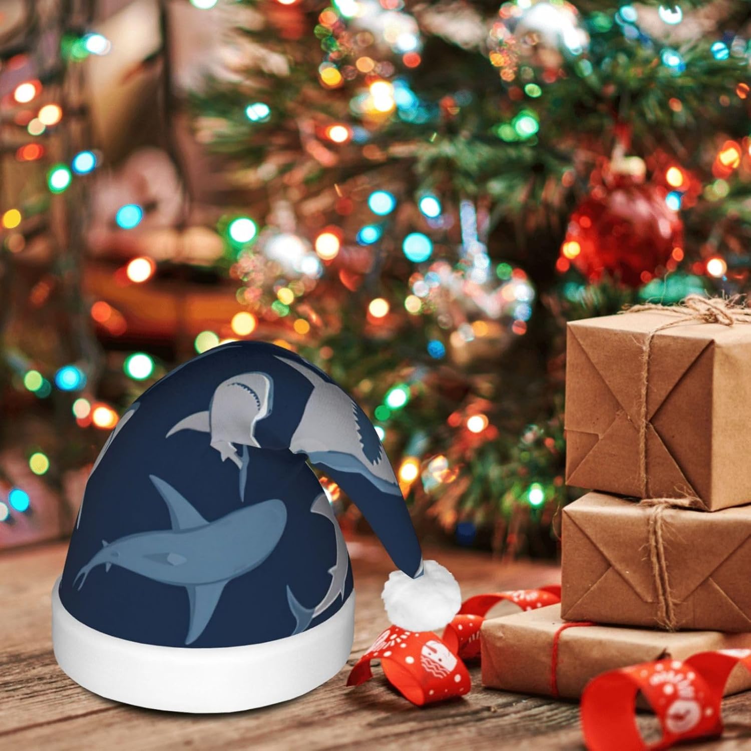 Blue Cartoon Shark Print LED Christmas Hat for Adults