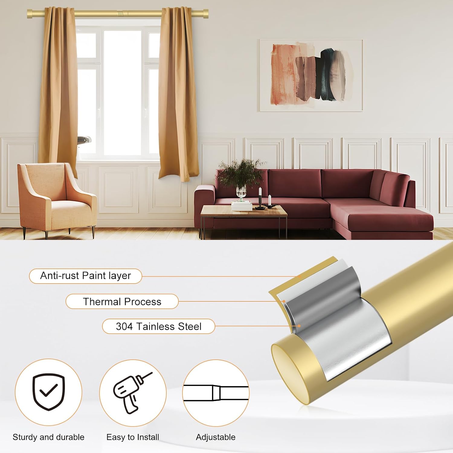 OLV 2 Pack Gold Curtain Rods for Windows 48-84 Inch
