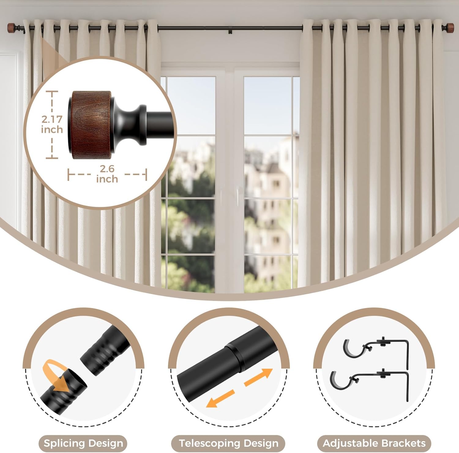 Wood Curtain Rods 30-88 Inches Heavy Duty 1 Inch Diameter
