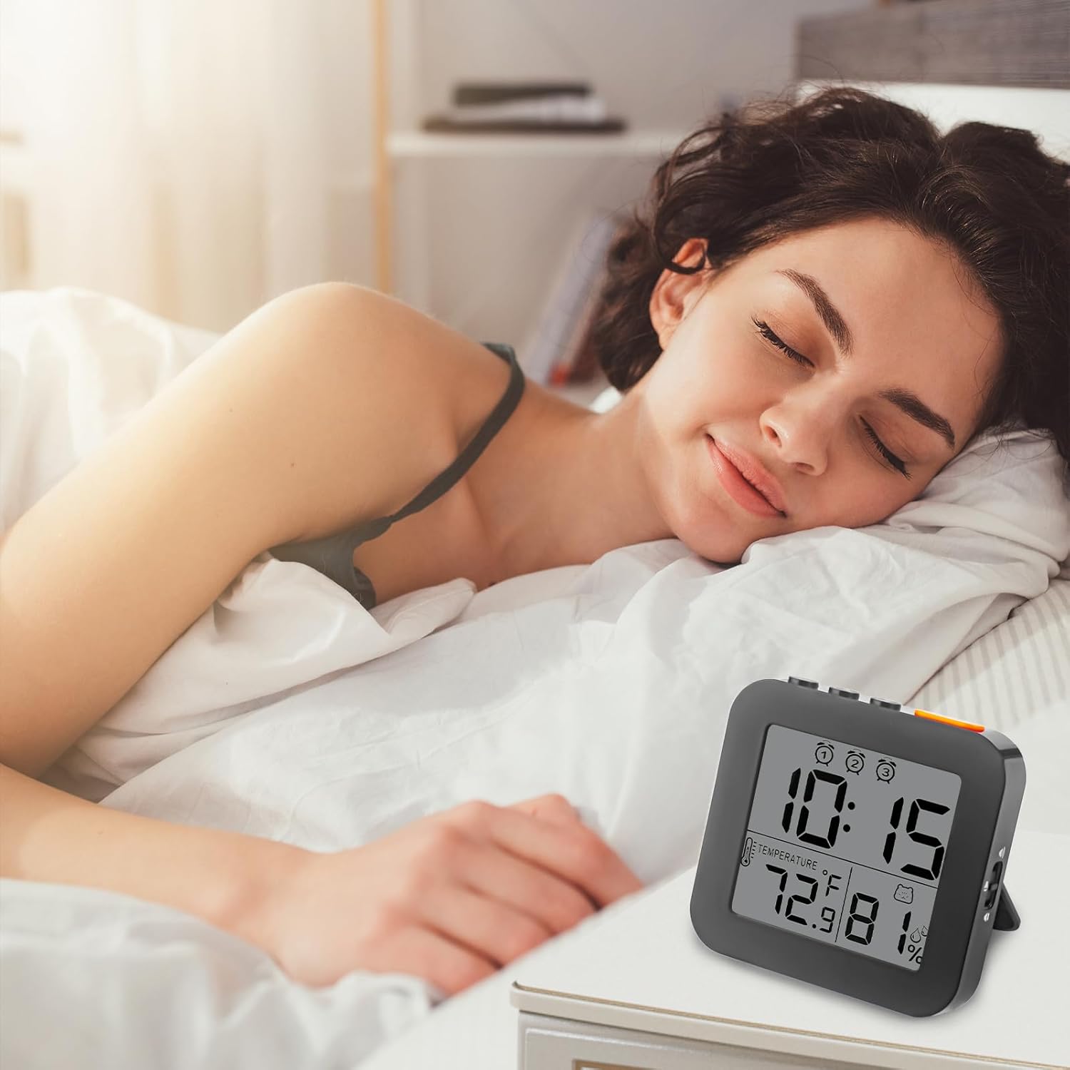WinFong Small Digital Alarm Clock with 3 Bells and Humidity Temperature Display
