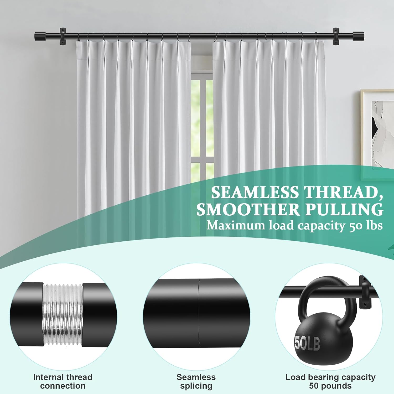 Adjustable 1 Inch Black Curtain Rod for Windows 72-144 Inches