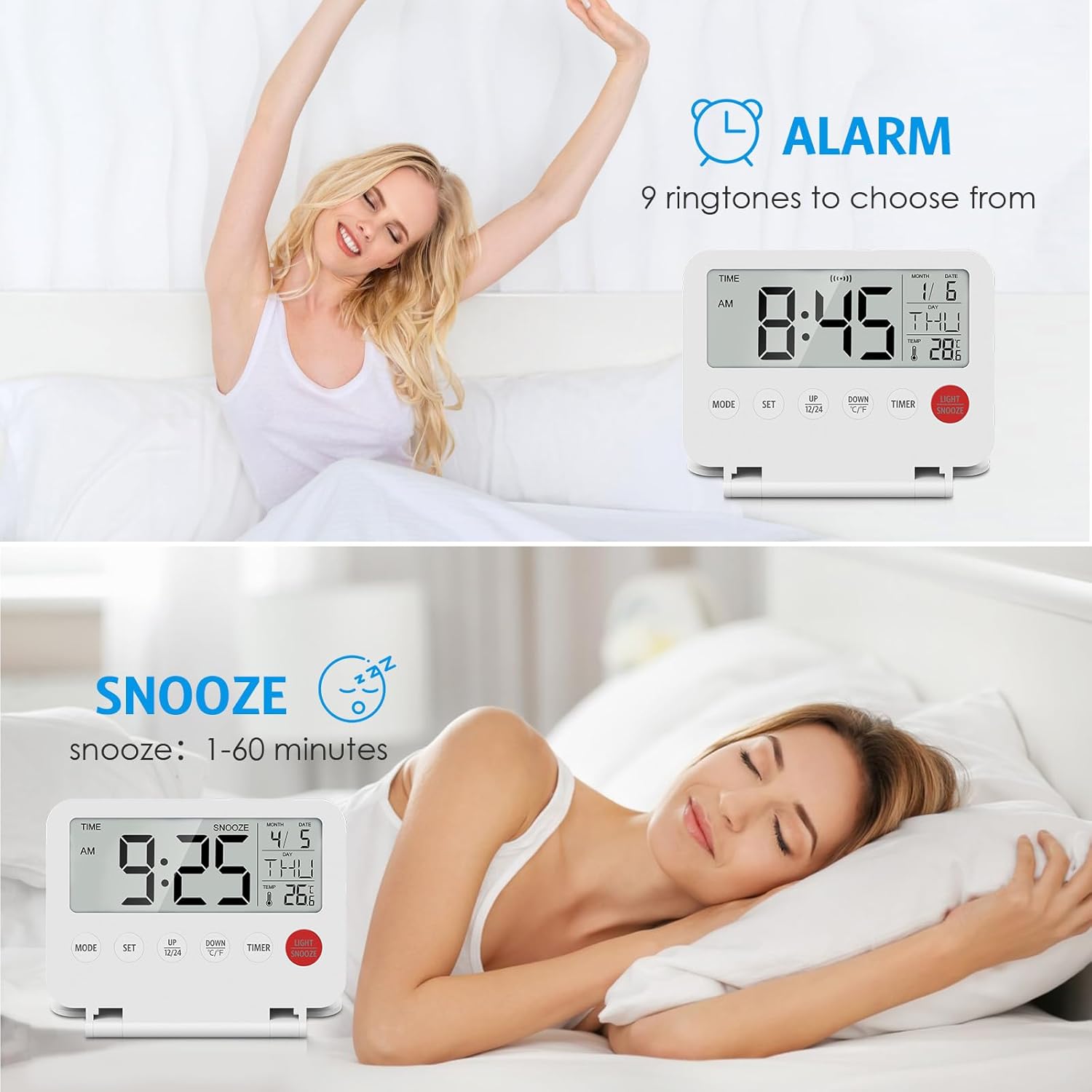 AMIR Travel Alarm Clock with Snooze and Calendar