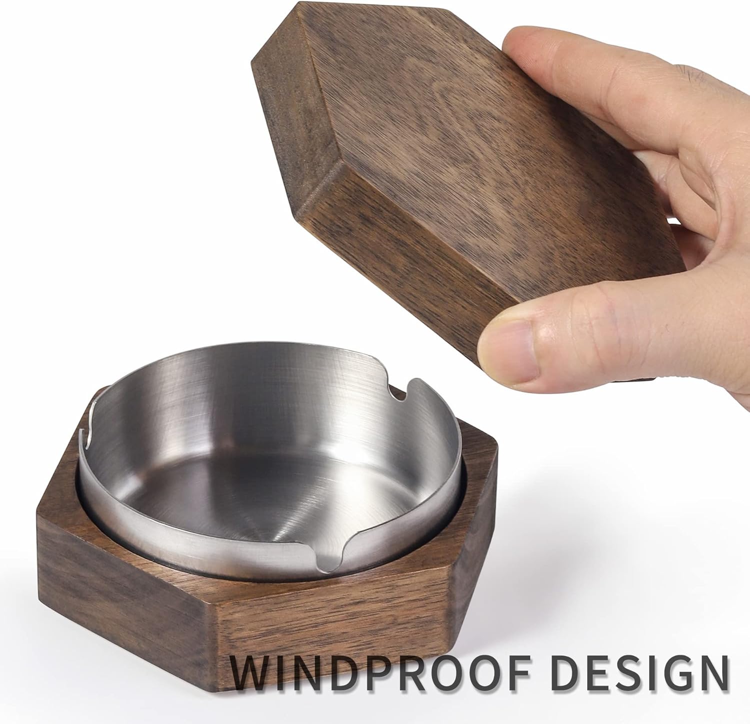 Hexagonal Wooden Ashtray with Stainless Steel Liner Windproof and Easy to Clean
