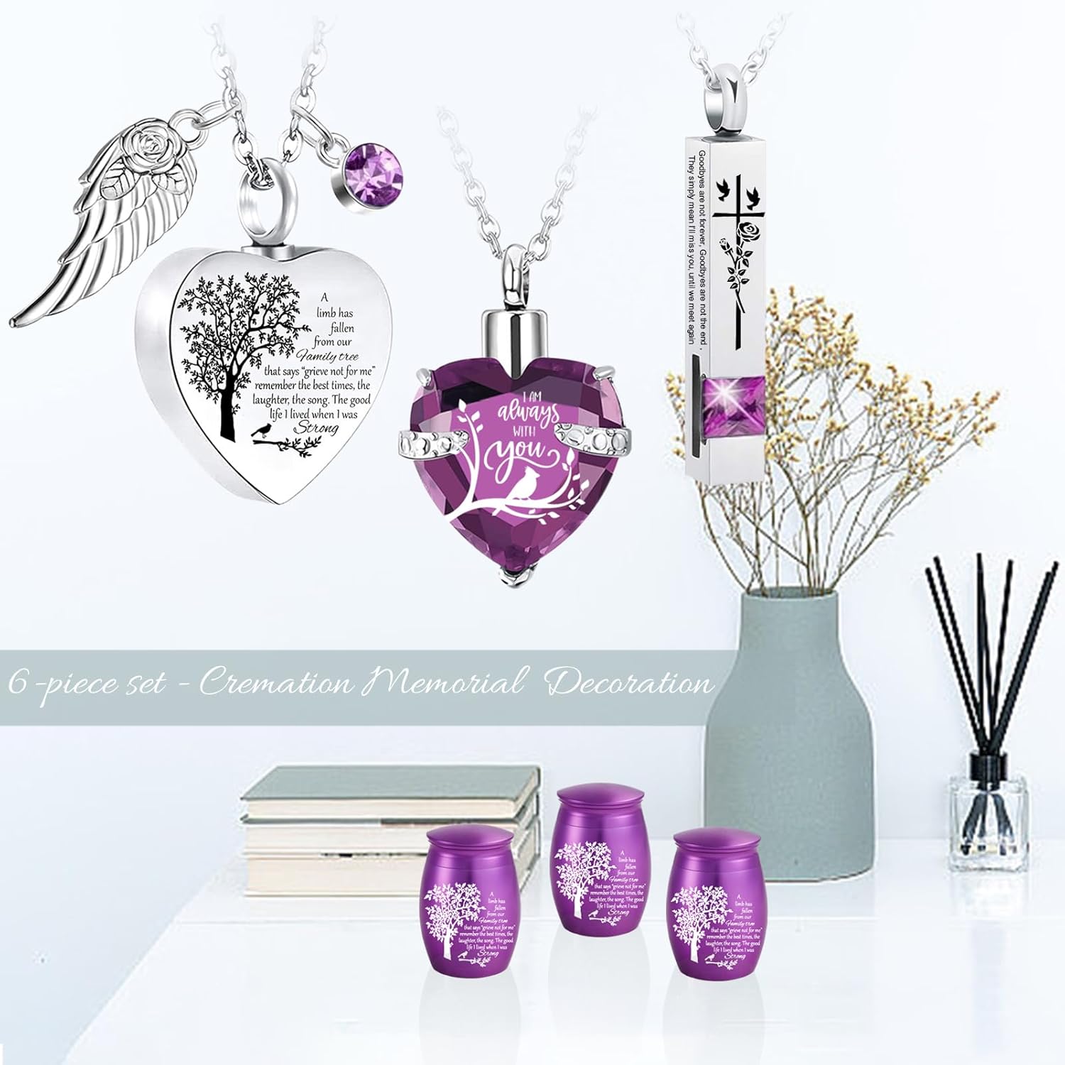 Cremation Urn Necklace Set of 6 Purple Memorial Ashes Holder