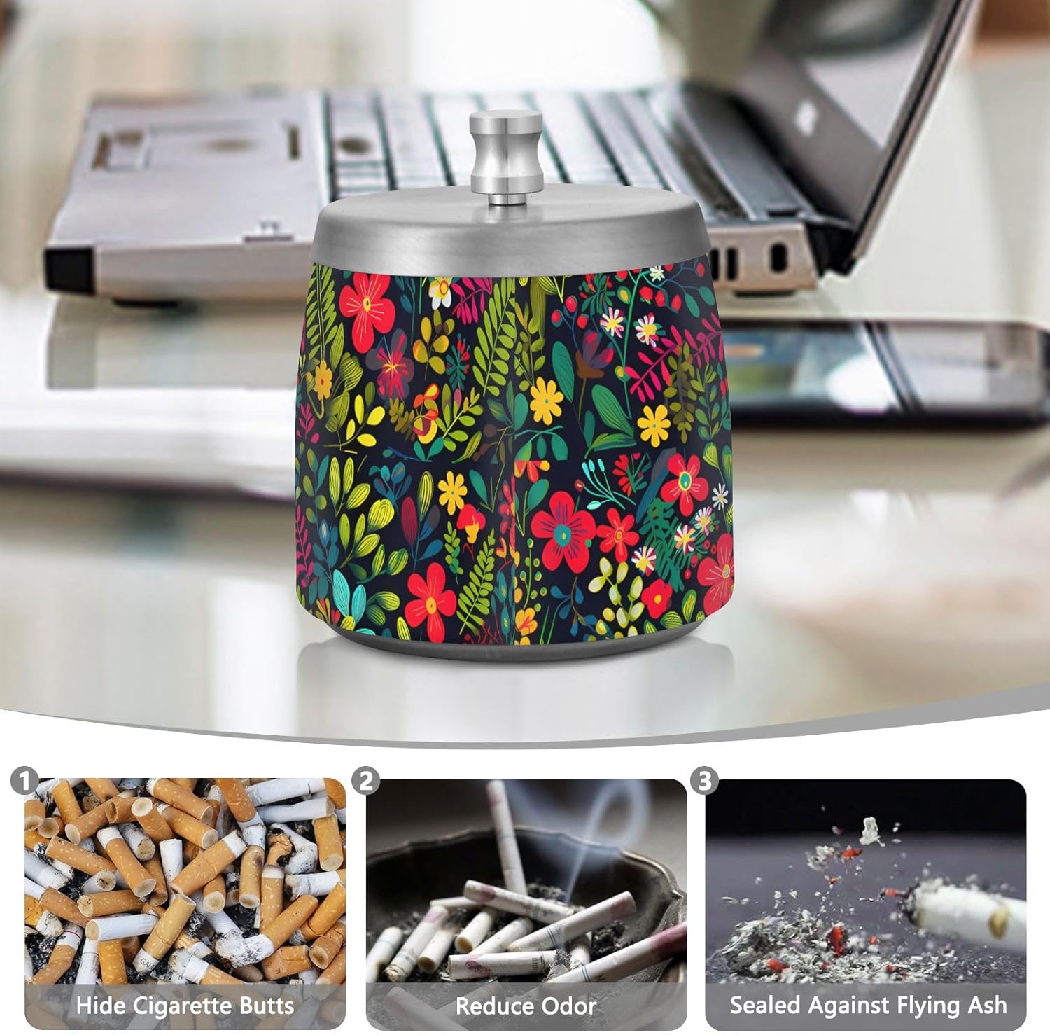 Colorful Bright Little Flowers Ashtray with Lid