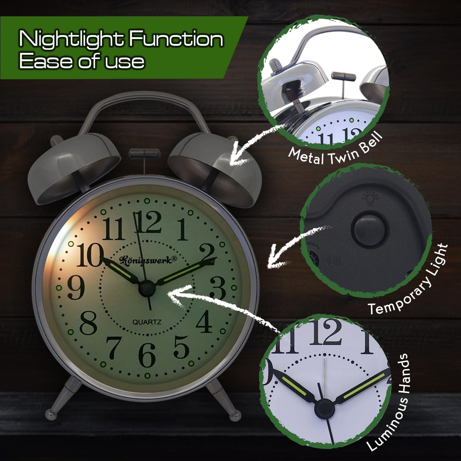 Loud Bell Alarm Clock with Night Light and Silent Hands