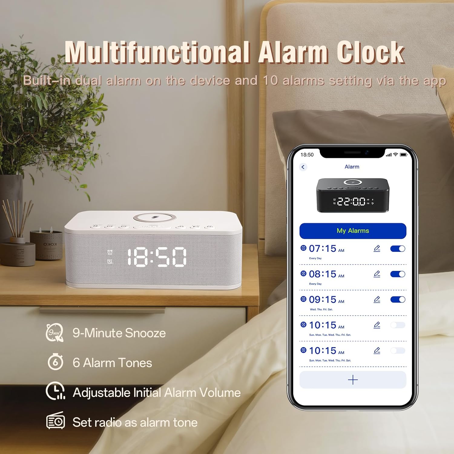 Dual Alarm Clock Radio with Bluetooth and White Noise