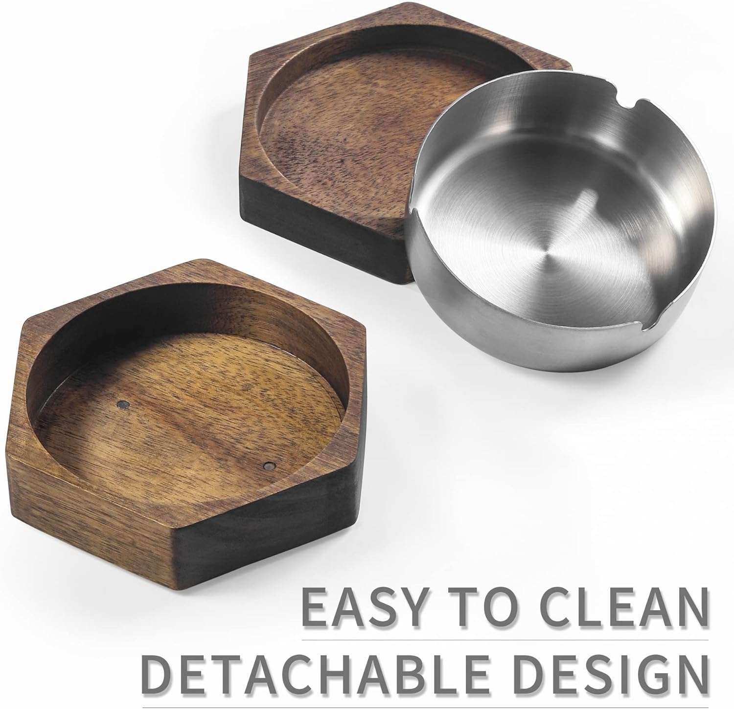 Hexagonal Wooden Ashtray with Stainless Steel Liner Windproof and Easy to Clean