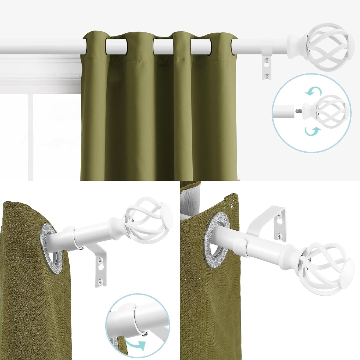 VOIIY 36-72 Inch White Curtain Rod Set with Twisted Finials