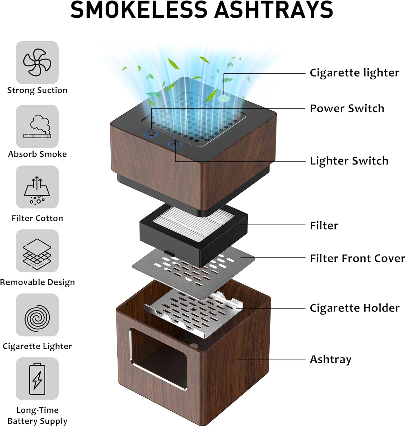 FUKANG Aluminum Smokeless Ashtray 3 in 1 with Lighter USB Rechargeable