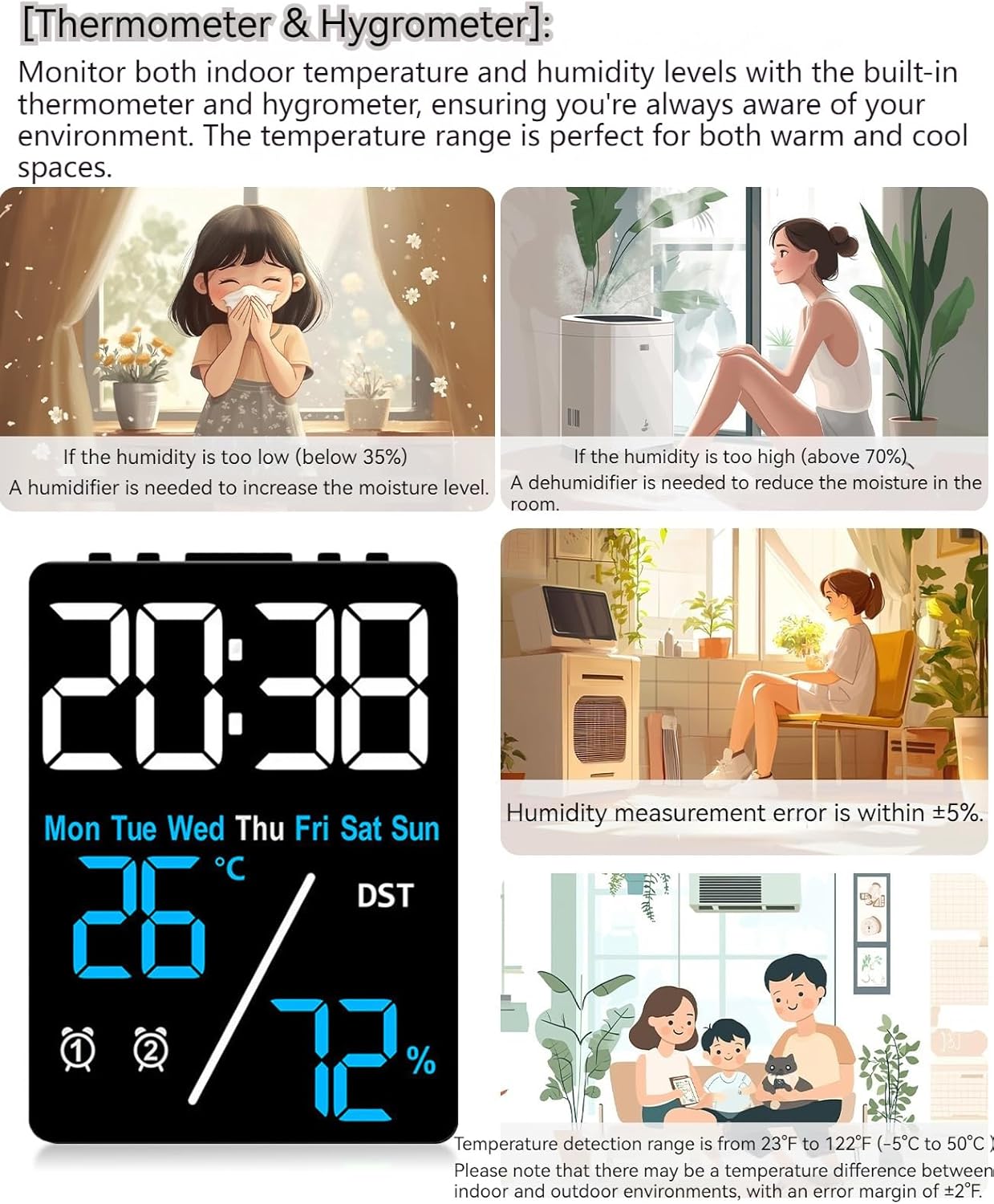 Digital LED Alarm Clock with Thermometer and Hygrometer