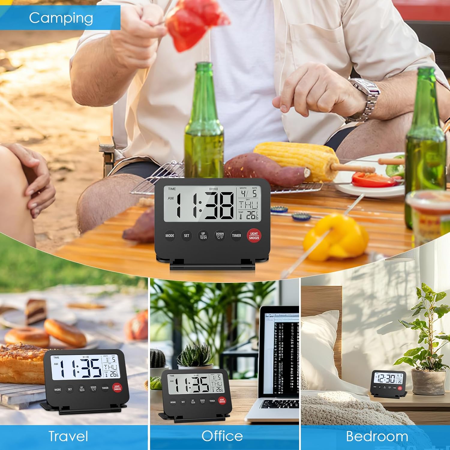 Olipiter Small Foldable Digital Travel Alarm Clock with Calendar and Temperature