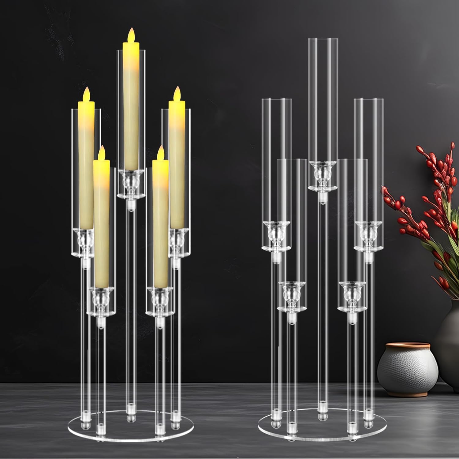 2 Sets 5 Arms Acrylic Candelabra Centerpieces with LED Holder