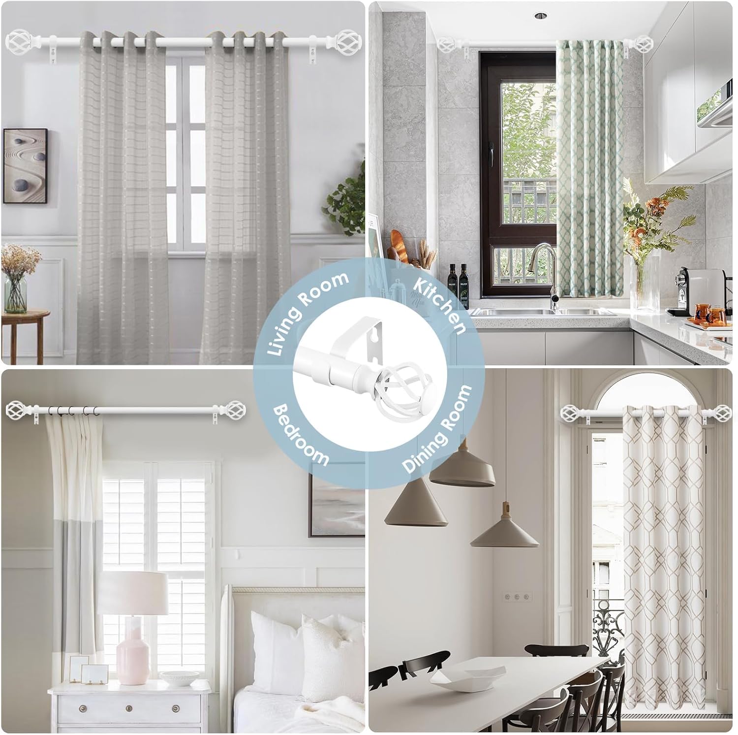 VOIIY 36-72 Inch White Curtain Rod Set with Twisted Finials