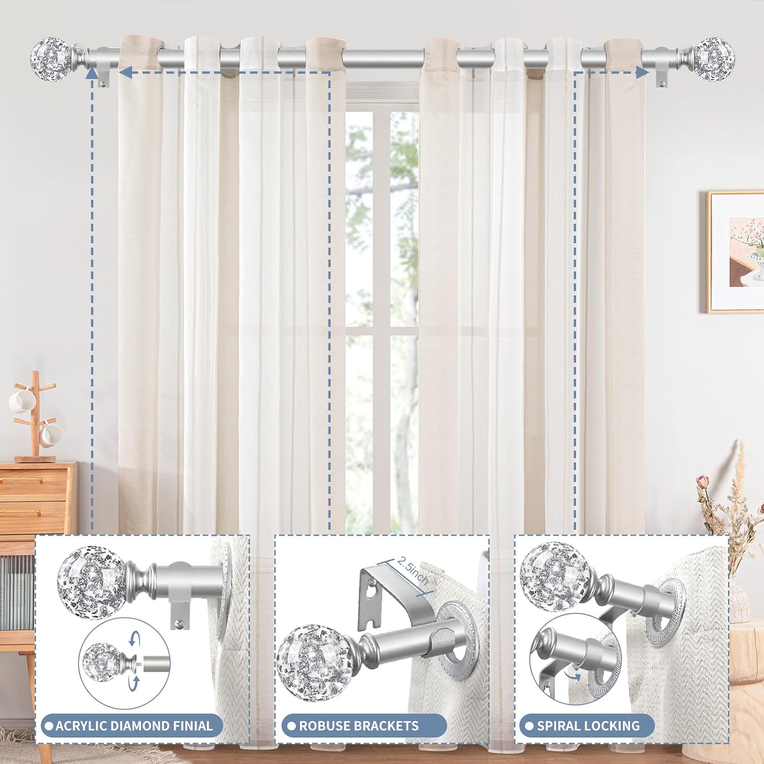 Silver Crystal Curtain Rods 18-60 Inch Adjustable