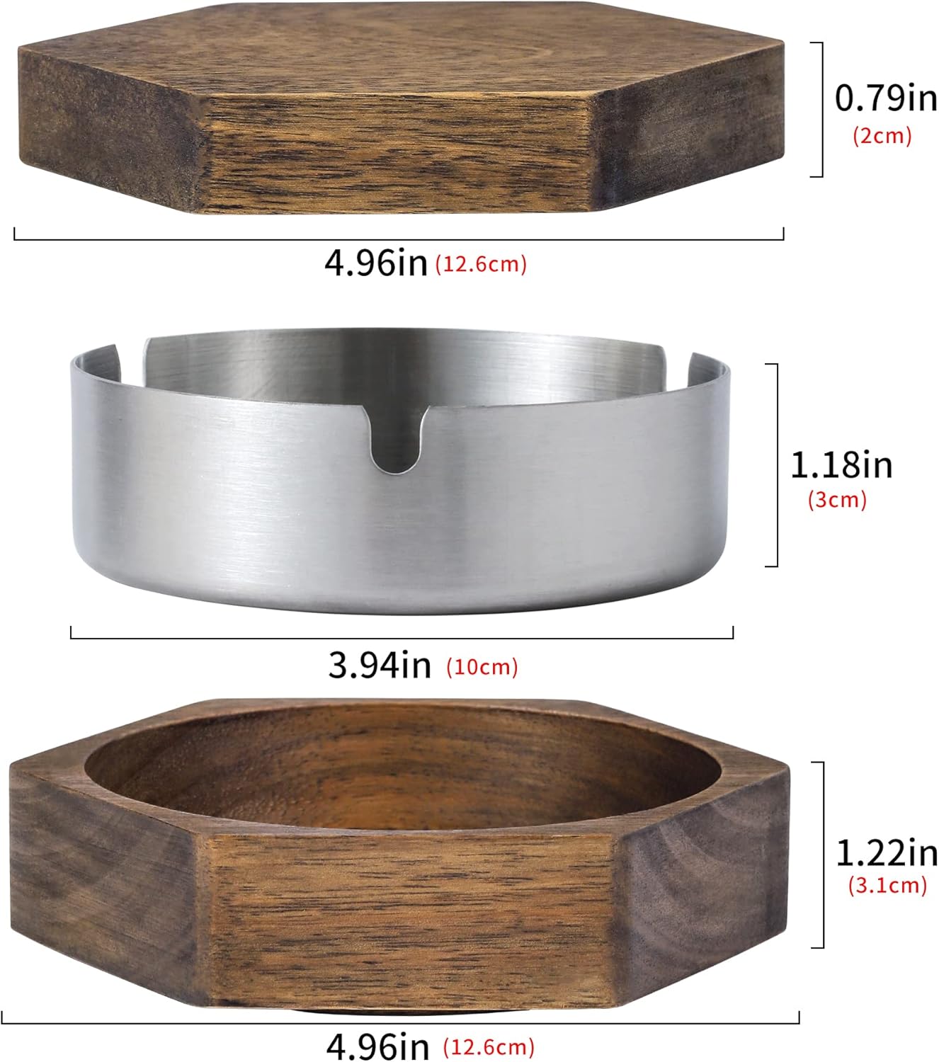 Hexagonal Wooden Ashtray with Stainless Steel Liner Windproof and Easy to Clean