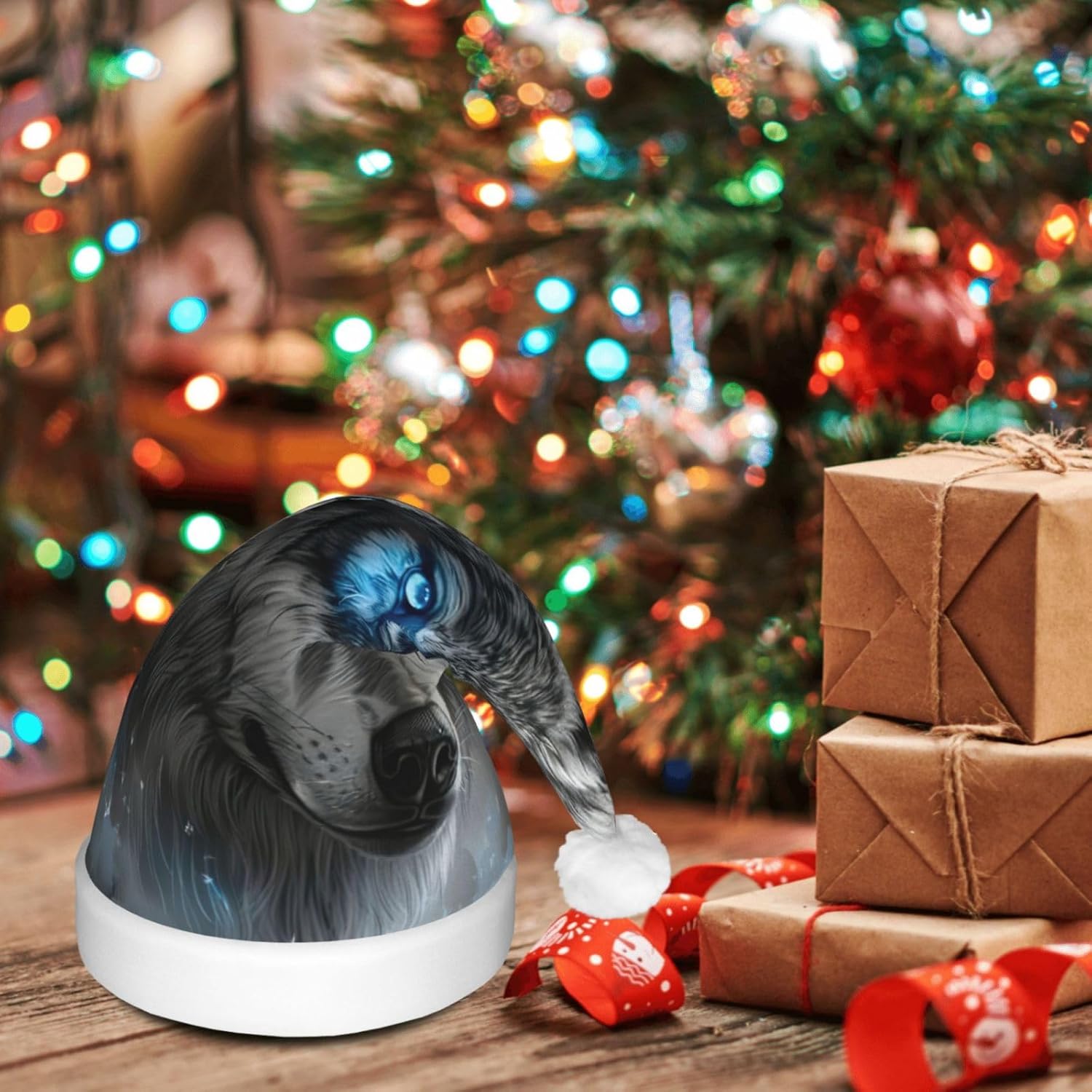 Blue Eyes Wolf Print Christmas Hat with LED Light