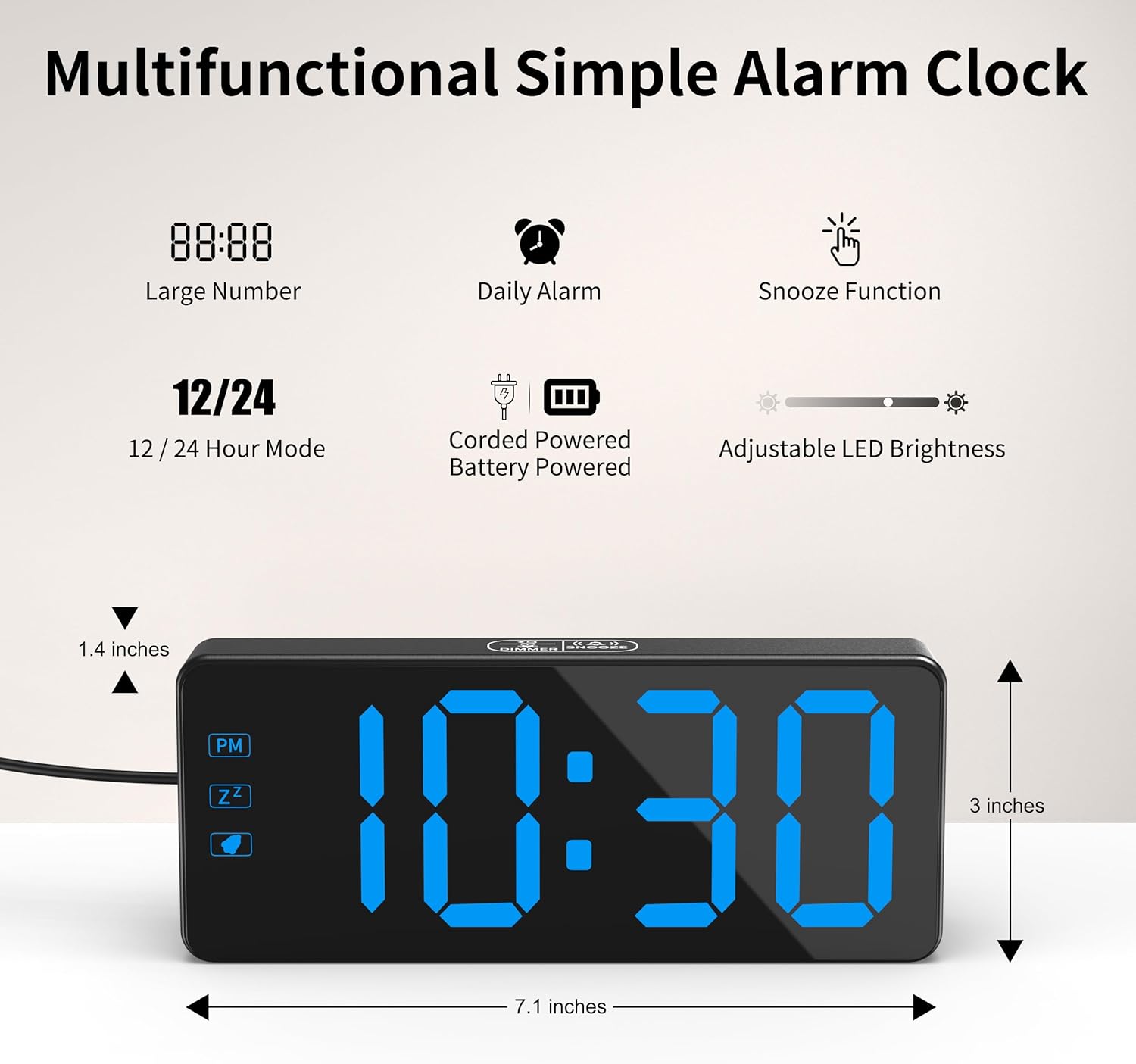 Kwanwa Digital Alarm Clock with 3-Level Dimmer and Battery Backup