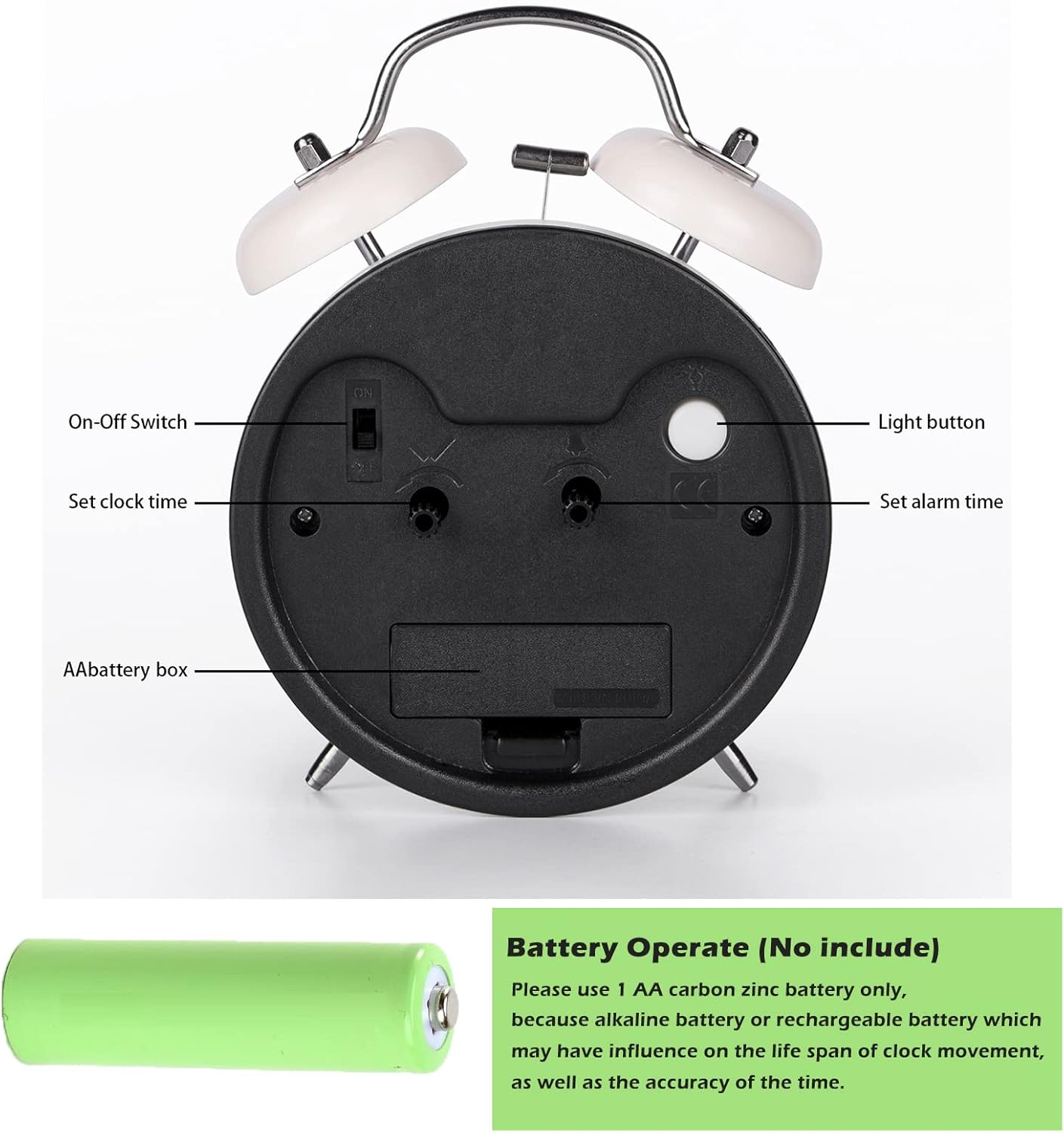 PILIFE Analog Alarm Clock 4 Inch Super Silent Twin Bell