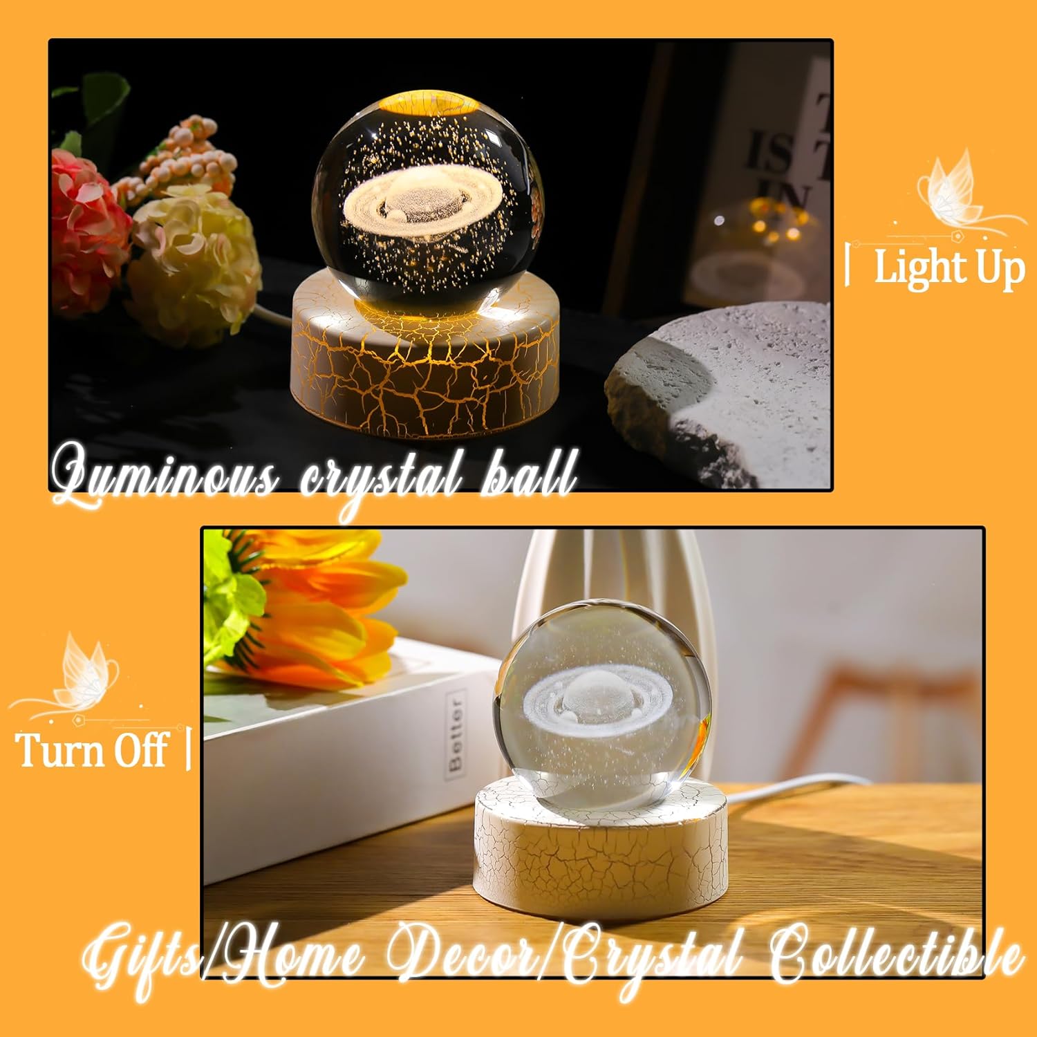 Crystal 3D Saturn Ball Figurine with Warm Light Base