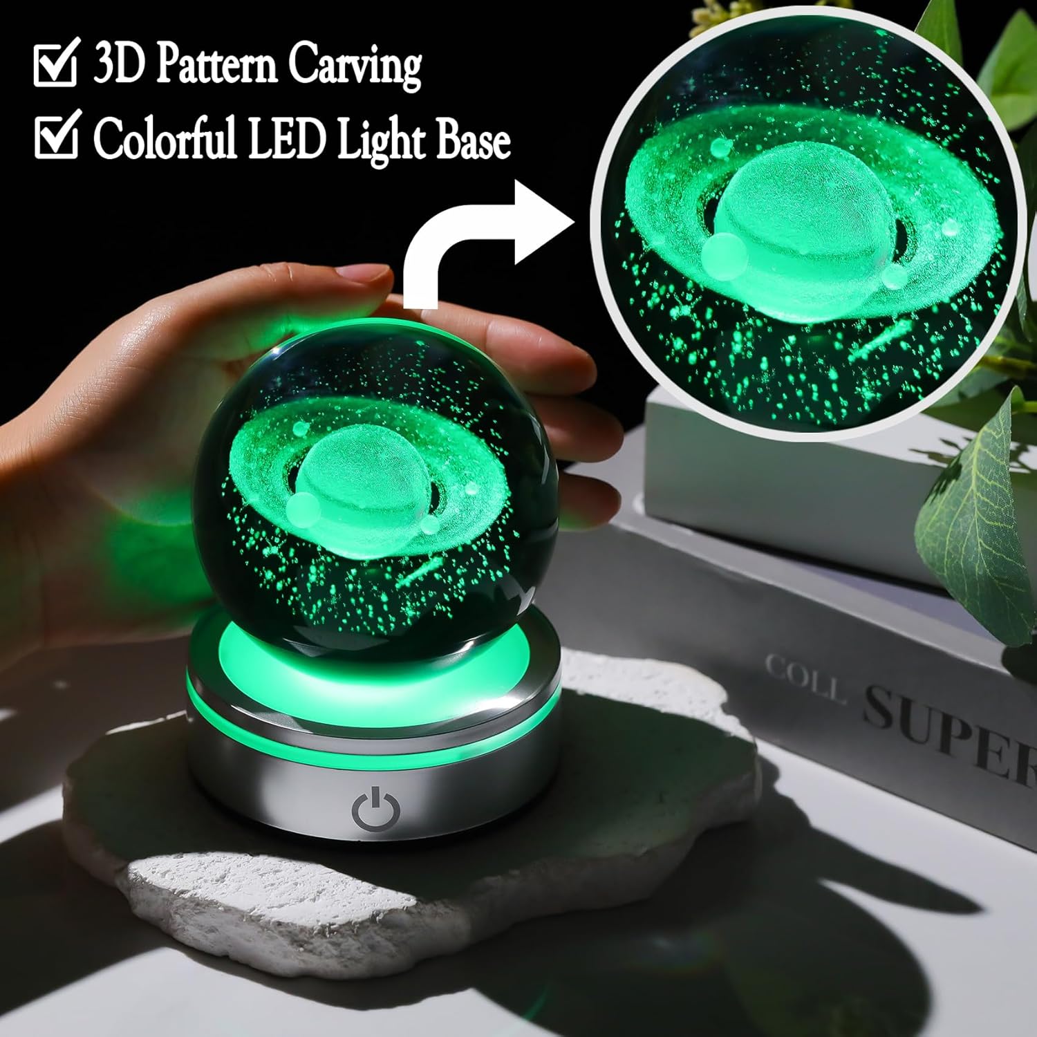 Crystal 3D Saturn Ball Figurine with LED Light Base