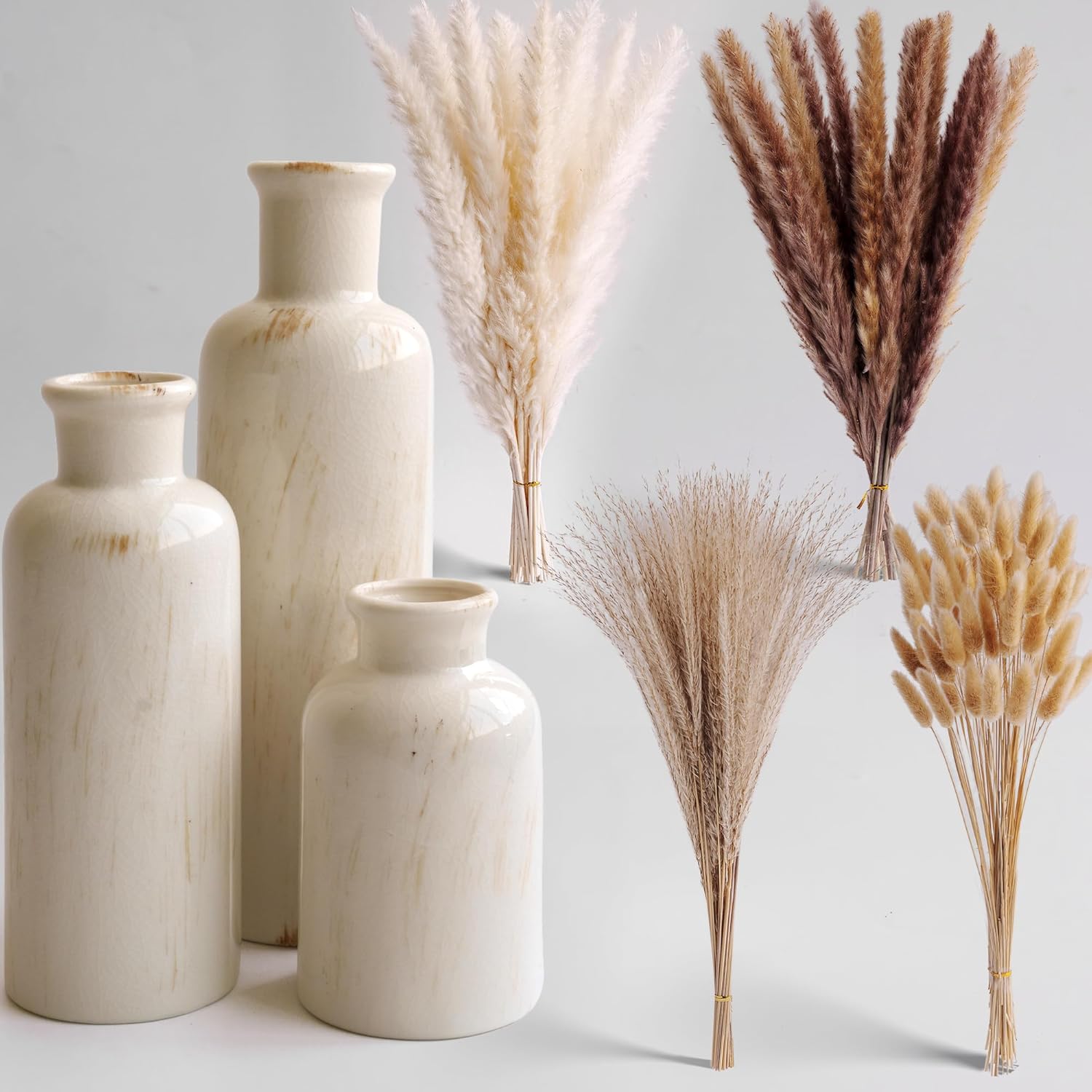 Pampas Grass Vase Set 3 White Ceramic Vases with Dried Pampas