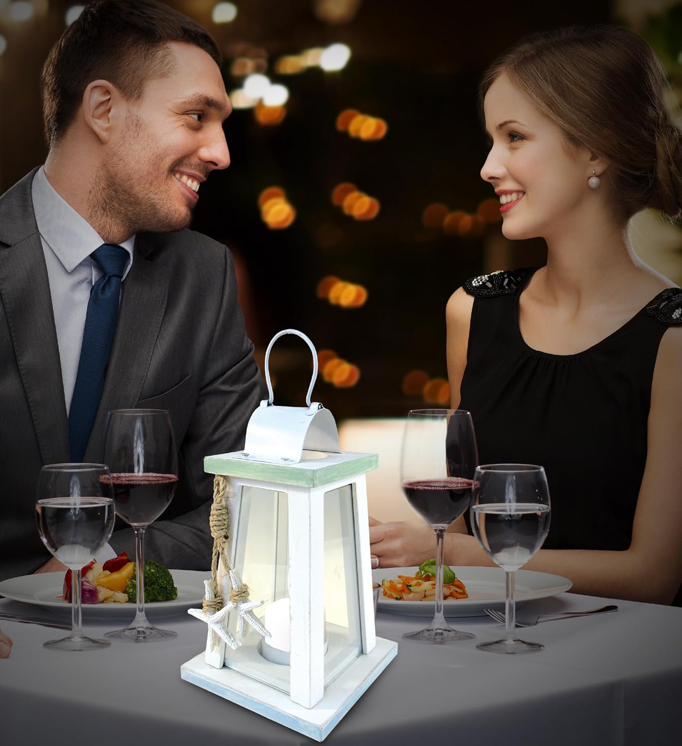 Puzzled Beach Lantern - White Wood Metal Candle Holder with Starfish Rope Accents