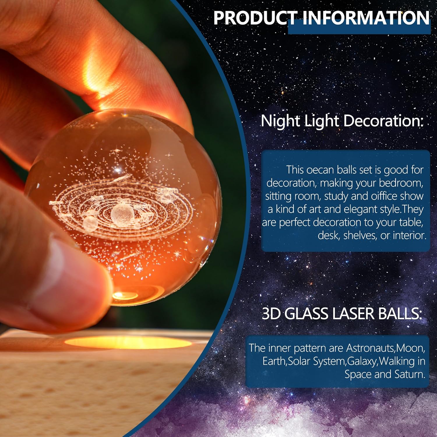 ZEERSHEE 3D Galaxy Planet Crystal Ball Night Light with LED Wooden Base