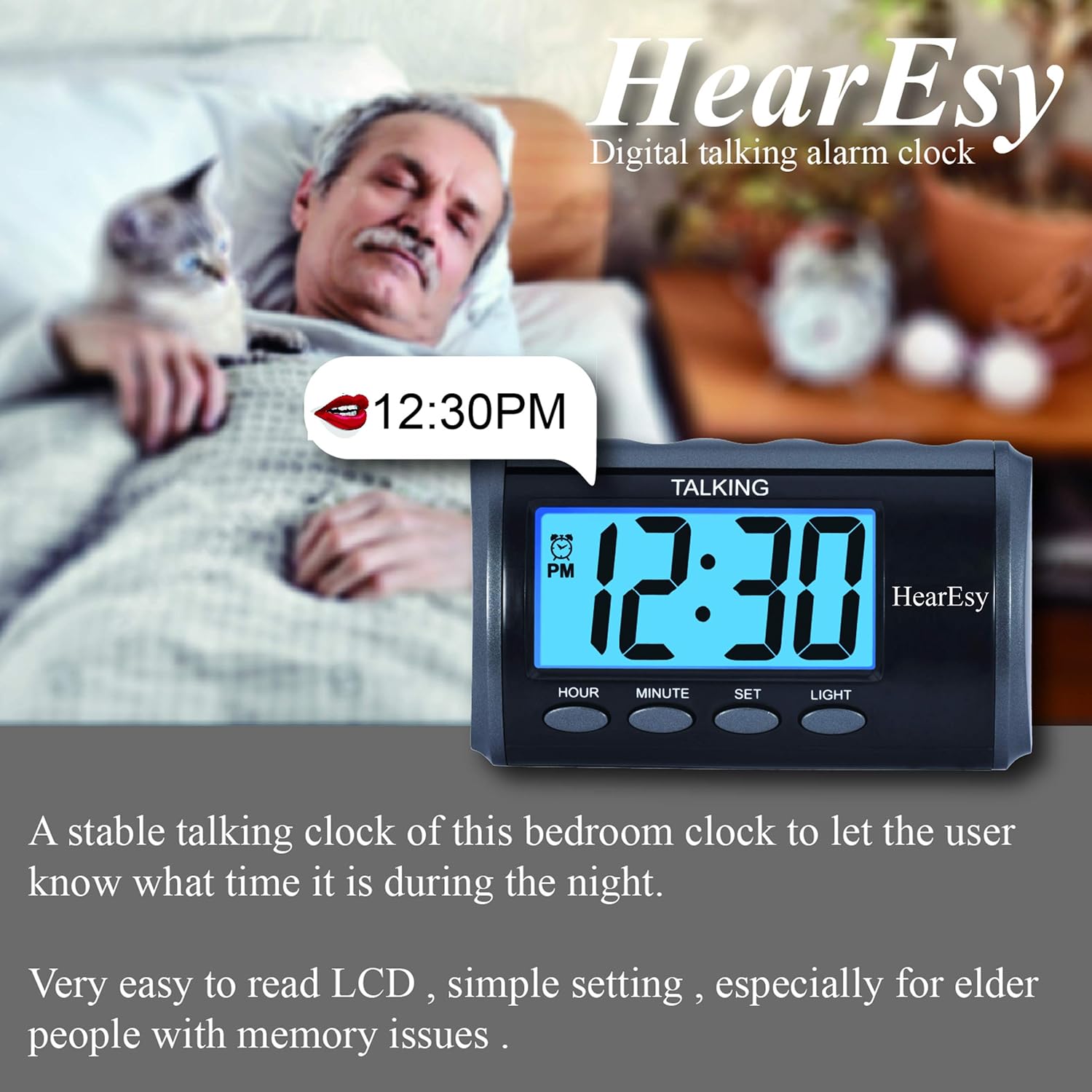 HearEsy Talking Alarm Clock - Large Numbers Dark Grey Display