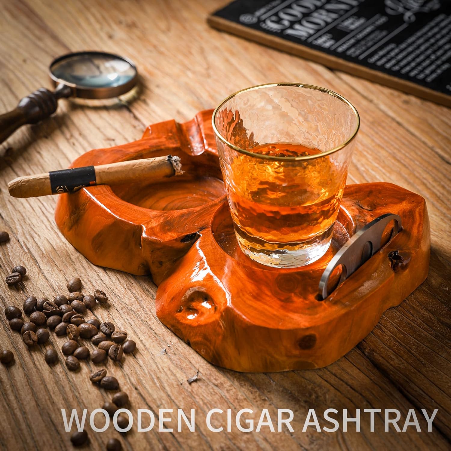 Wooden Cigar Ashtray with Whiskey Glass and Cutter Holder