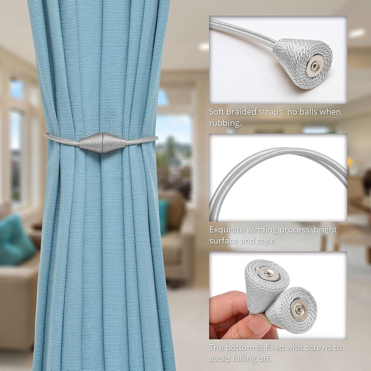 NICEEC 4 Pack Magnetic Curtain Tiebacks Grey