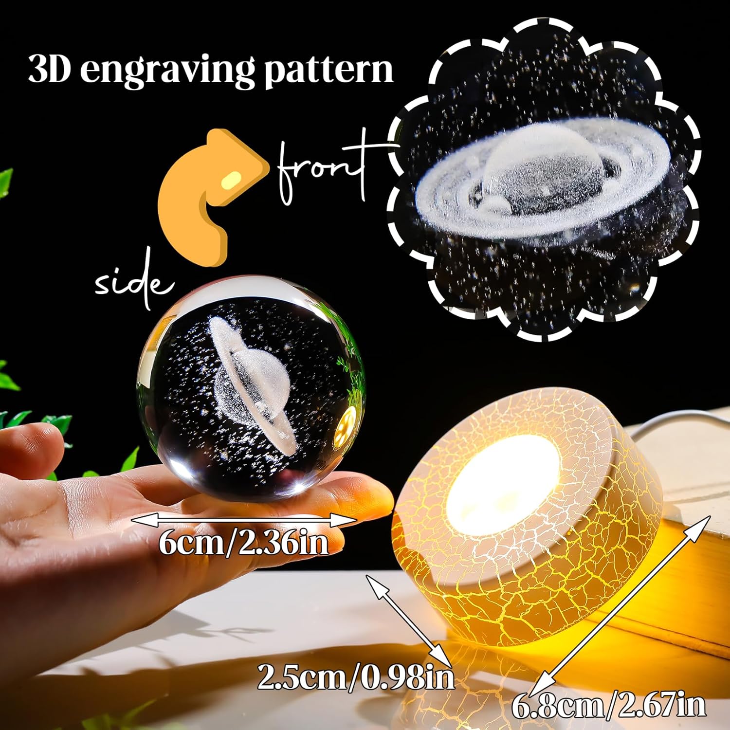 Crystal 3D Saturn Ball Figurine with Warm Light Base