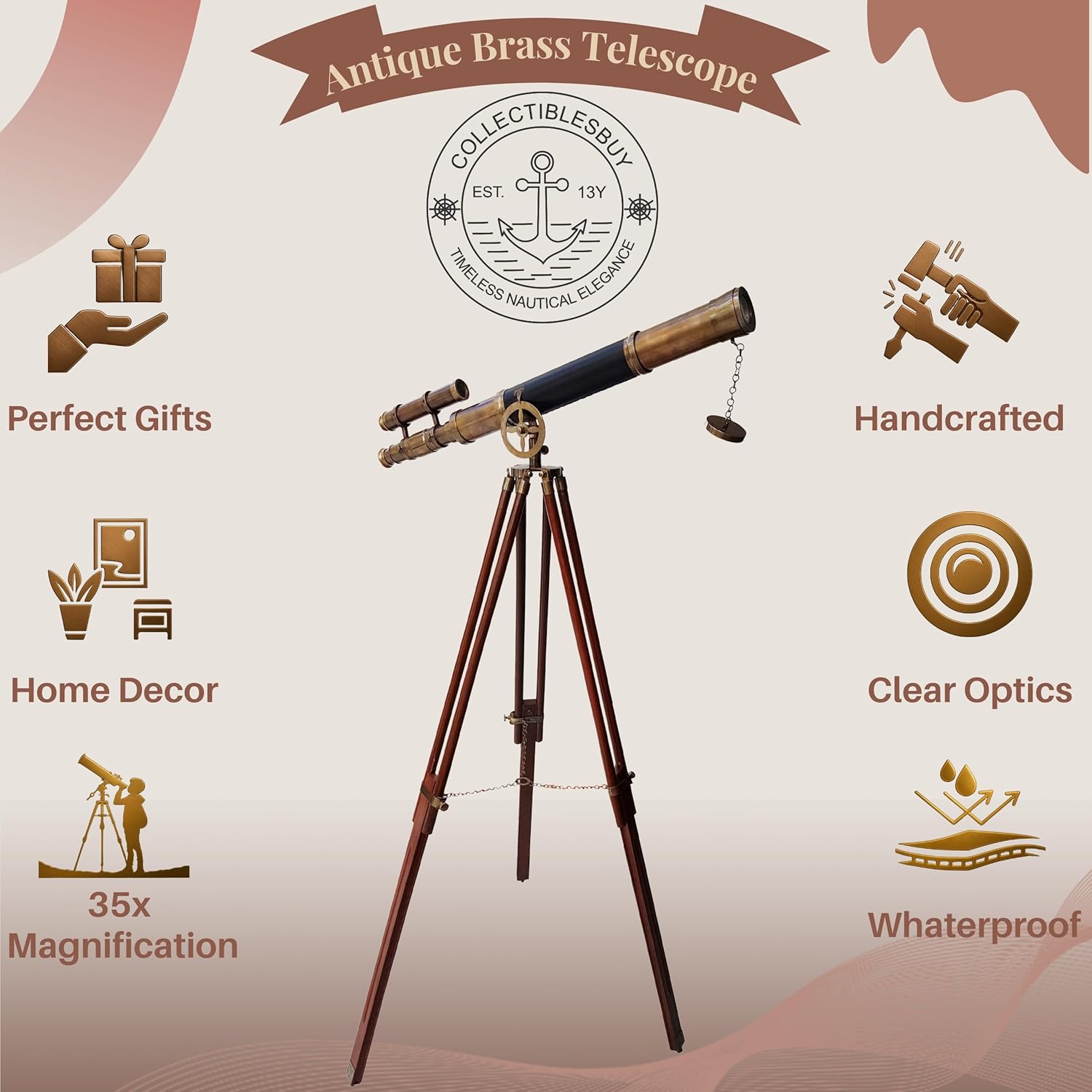 Classic Nautical Brass Telescope with Wooden Tripod