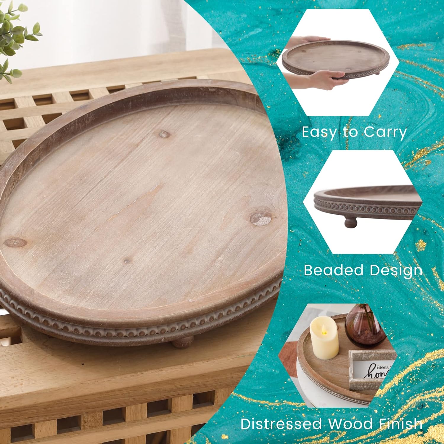 Festwind Decorative Oval Wooden Tray - Distressed Brown