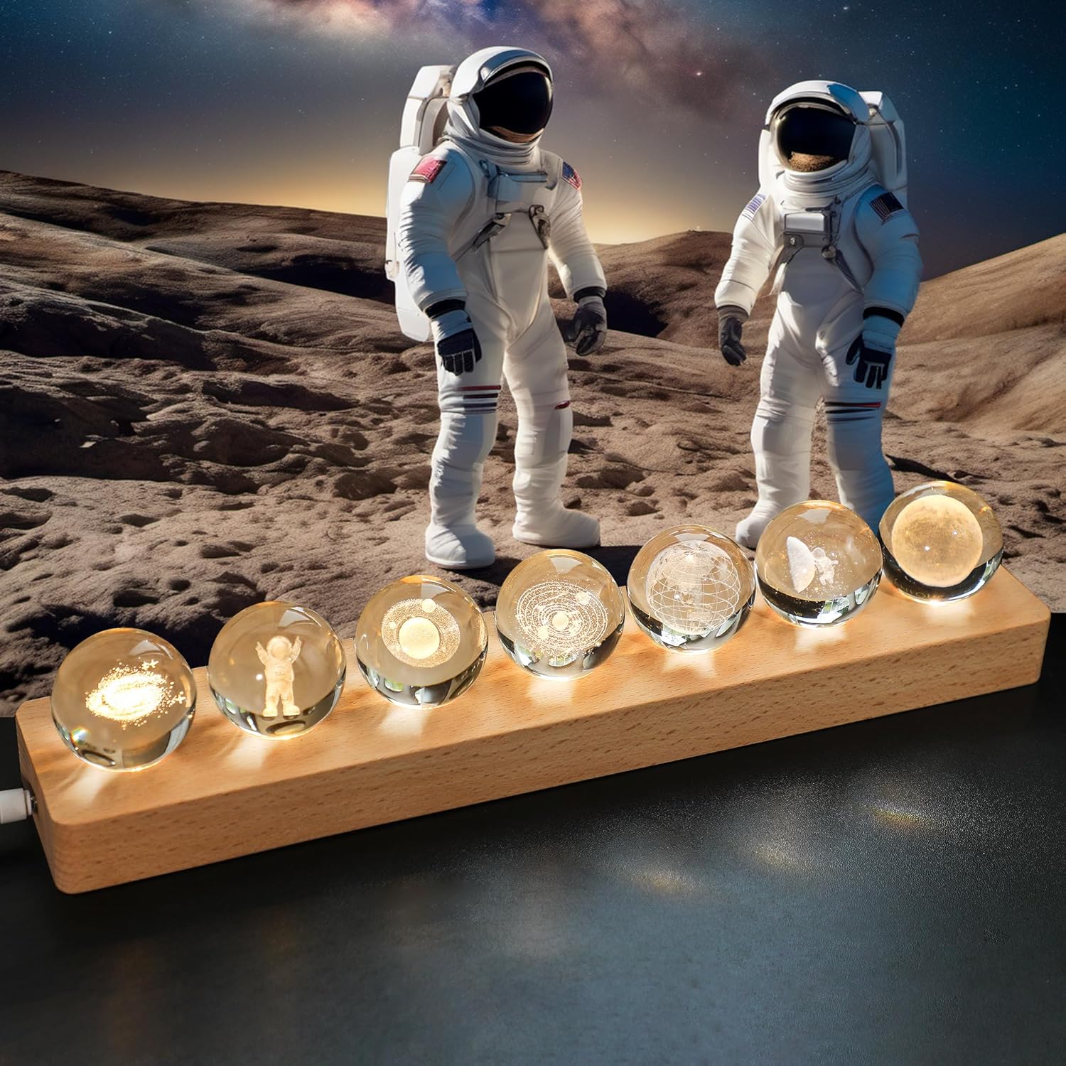 ZEERSHEE 3D Galaxy Planet Crystal Ball Night Light with LED Wooden Base