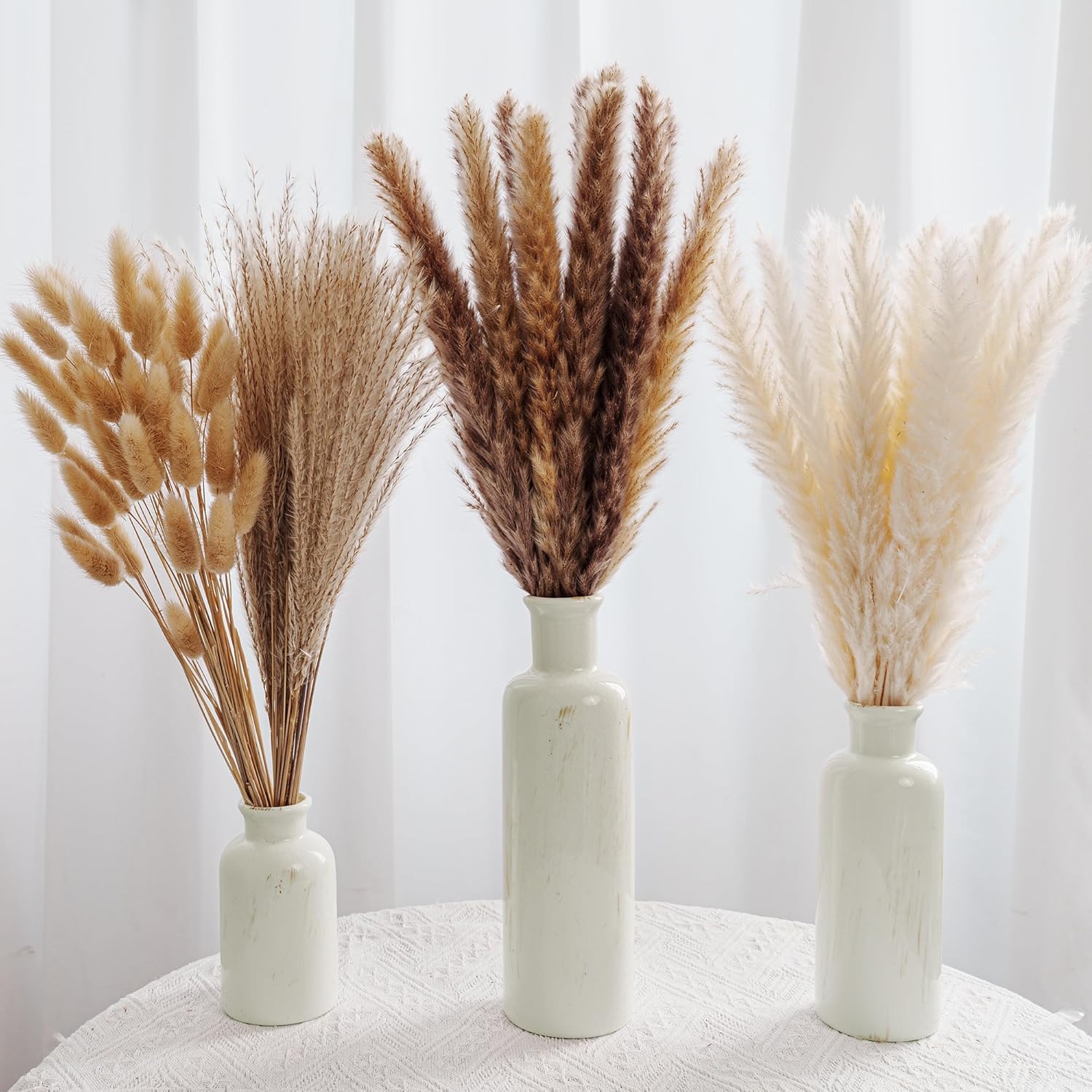 Pampas Grass Vase Set 3 White Ceramic Vases with Dried Pampas