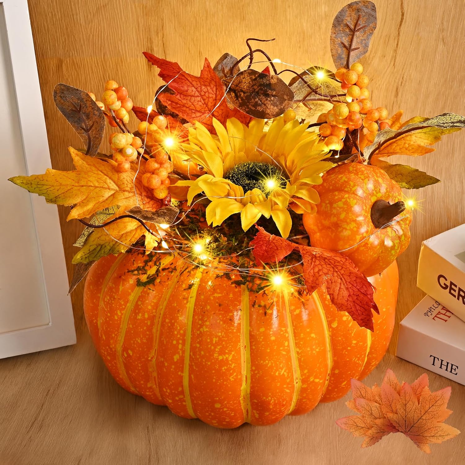 Fall Centerpieces with Lights and Maple Leaves