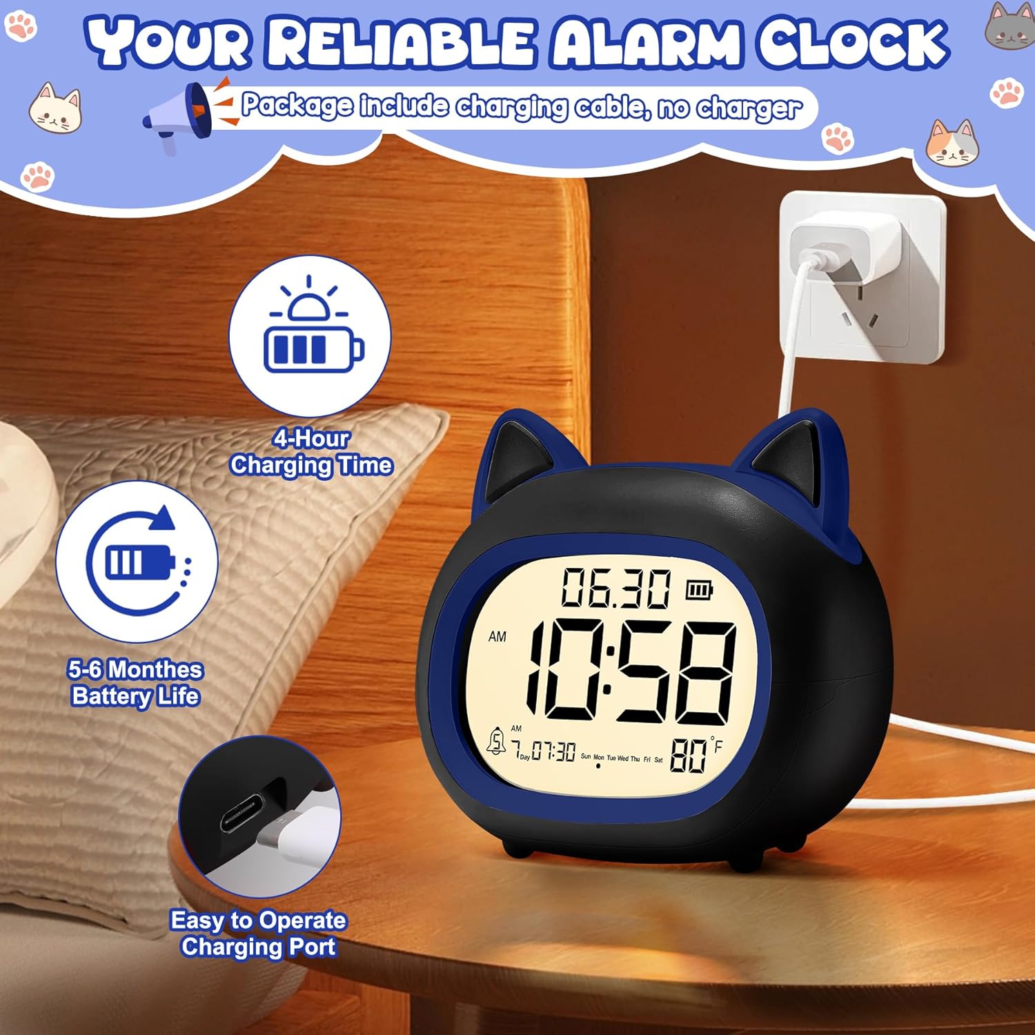 Adorable Cat Alarm Clock for Kids with Night Light