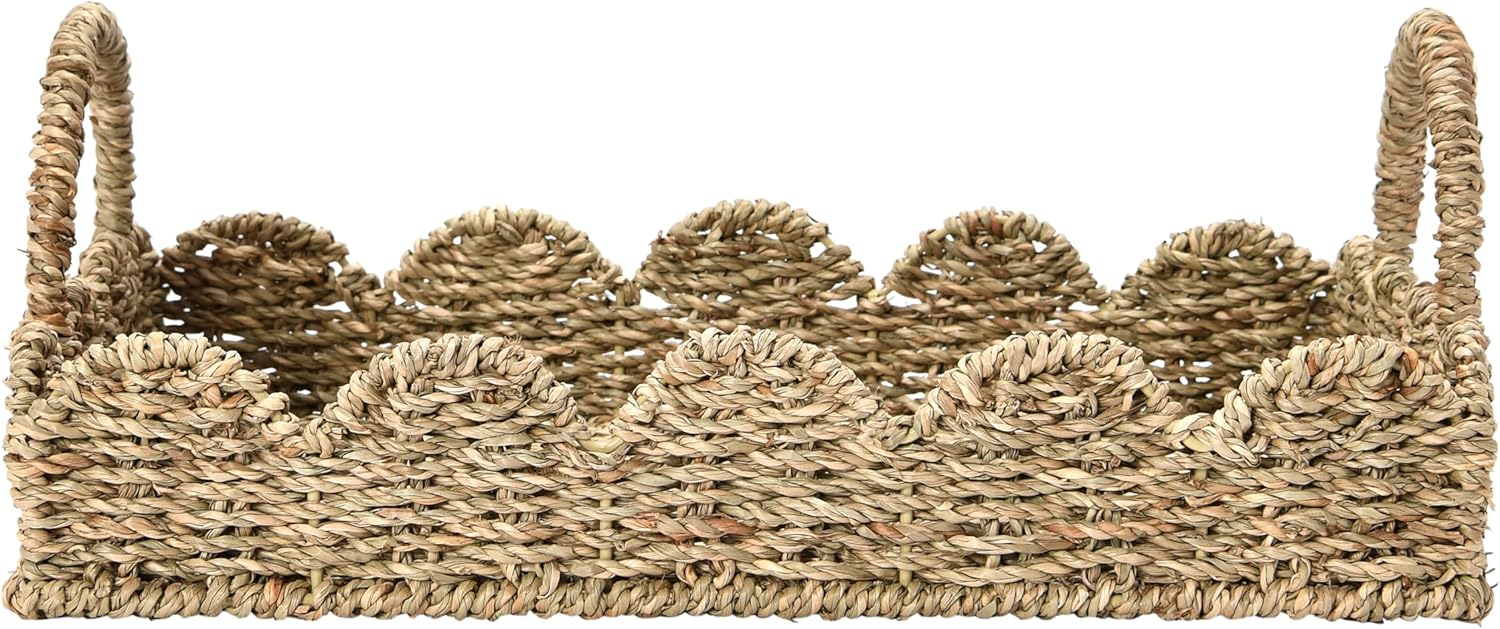 Handwoven Seagrass Tray with Handles and Scalloped Edge