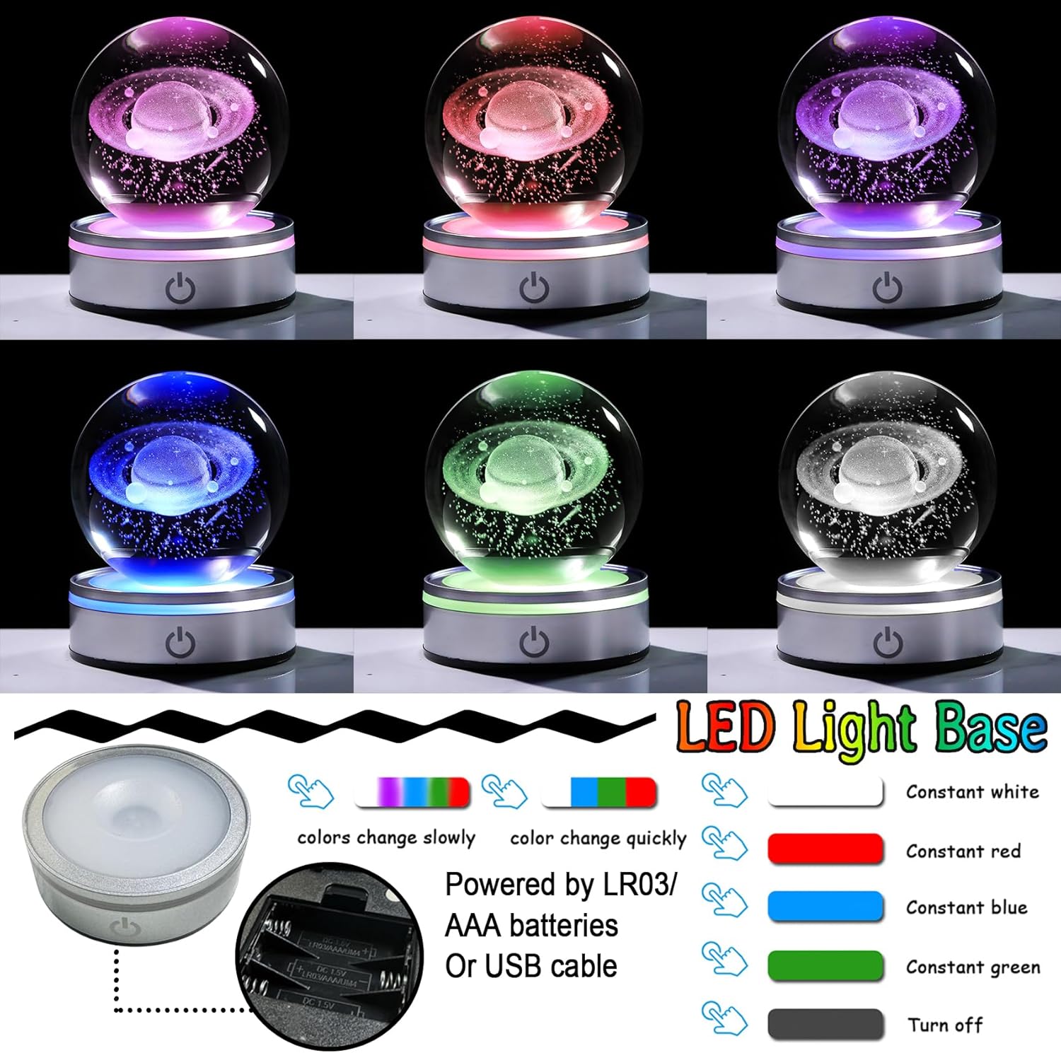 Crystal 3D Saturn Ball Figurine with LED Light Base
